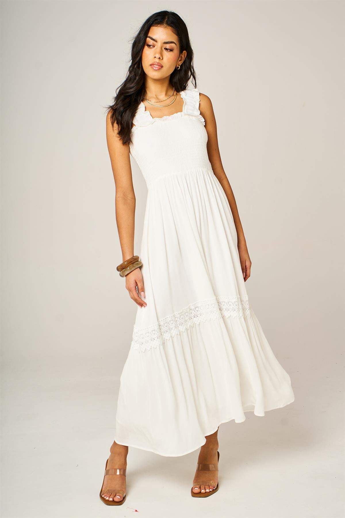 Lace Detail Tiered Maxi Dress In White