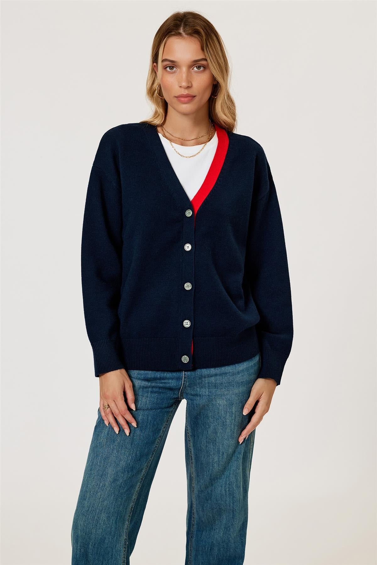 FS Collection Little Heart Embroidery Stripe Trim Cardigan Top In Navy & Red