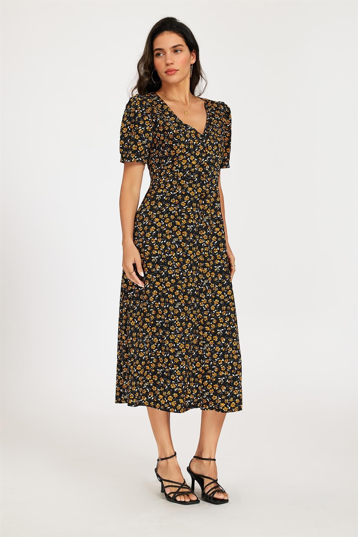 FS Collection Floral Print Button Front Puff Sleeve Midi Dress In Black