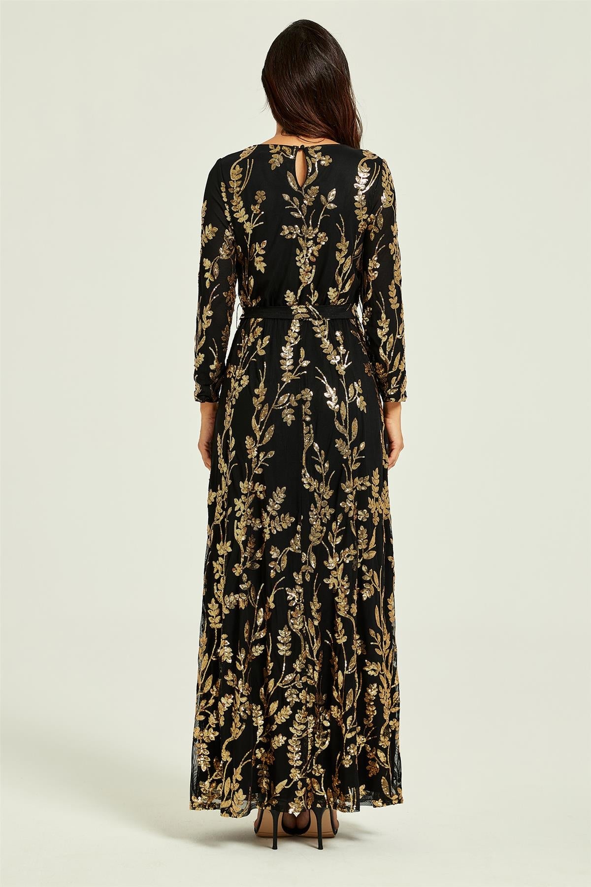 FS Collection Gold Sequin Leaf Long Sleeve Bridesmaid Maxi Dress In Black