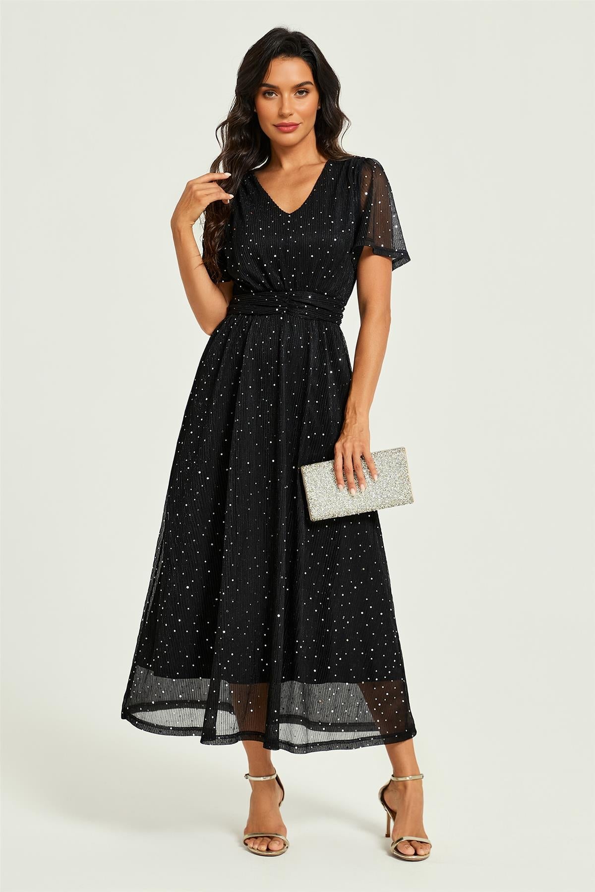 Silver Sequin Pleated Ruched Waist Midi Dress Black