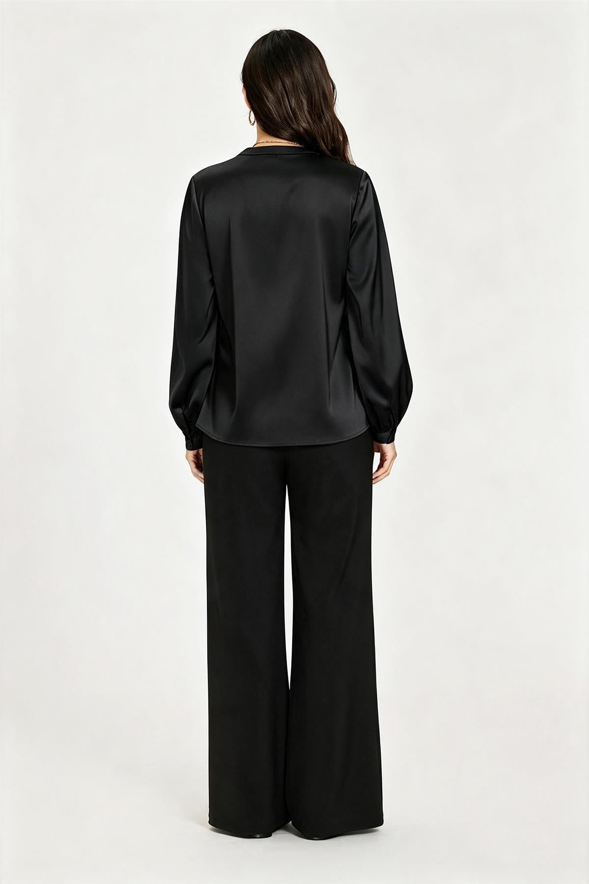 Long Sleeve Satin Blouse Top In Black