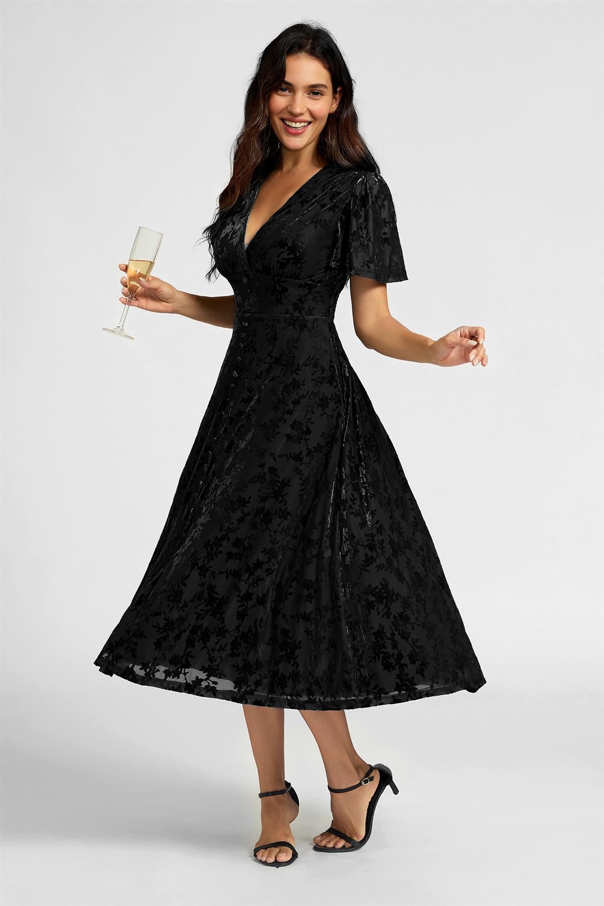 FS Collection Floral Black Velvet Devore V neckline Dress
