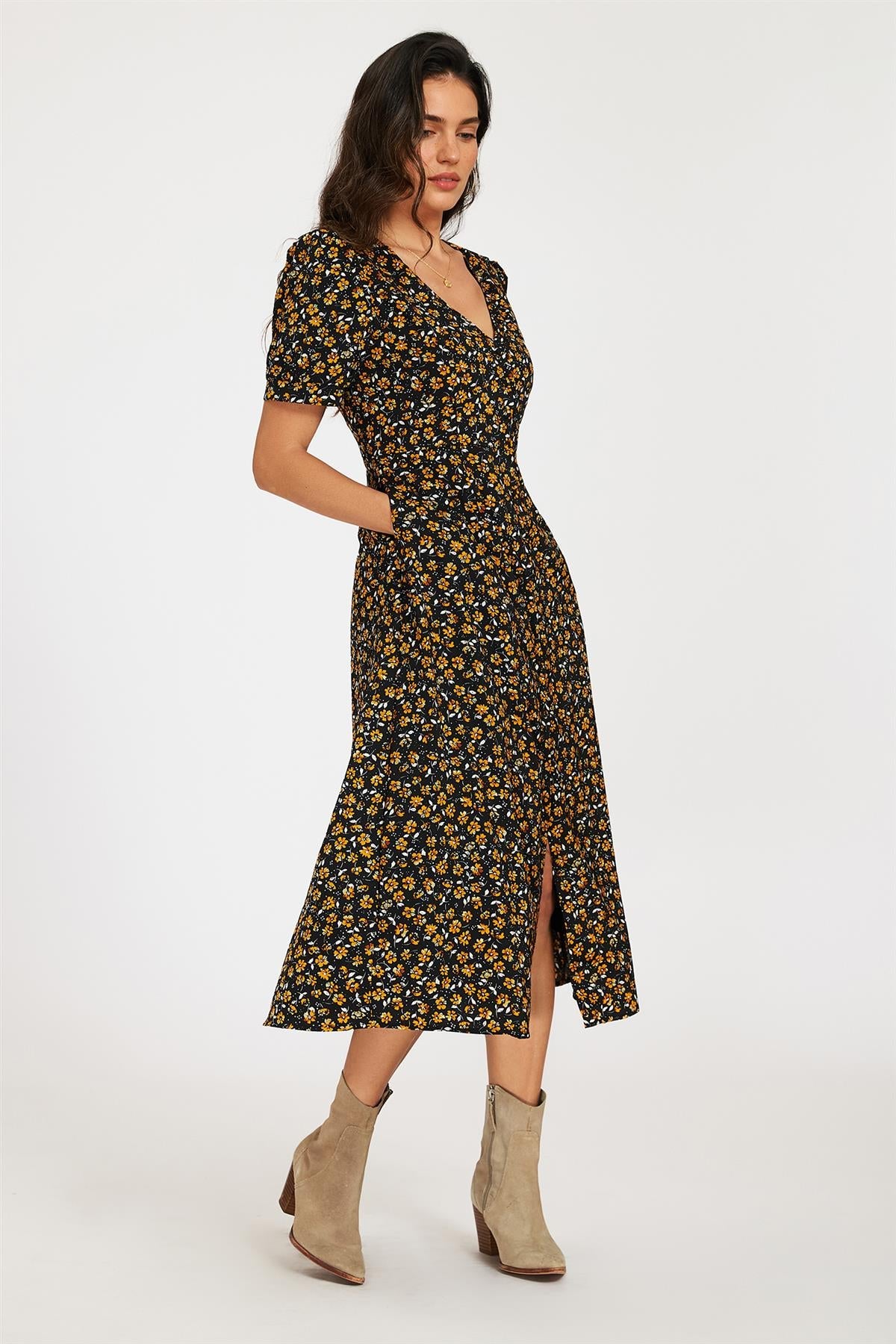 FS Collection Floral Print Button Front Puff Sleeve Midi Dress In Black