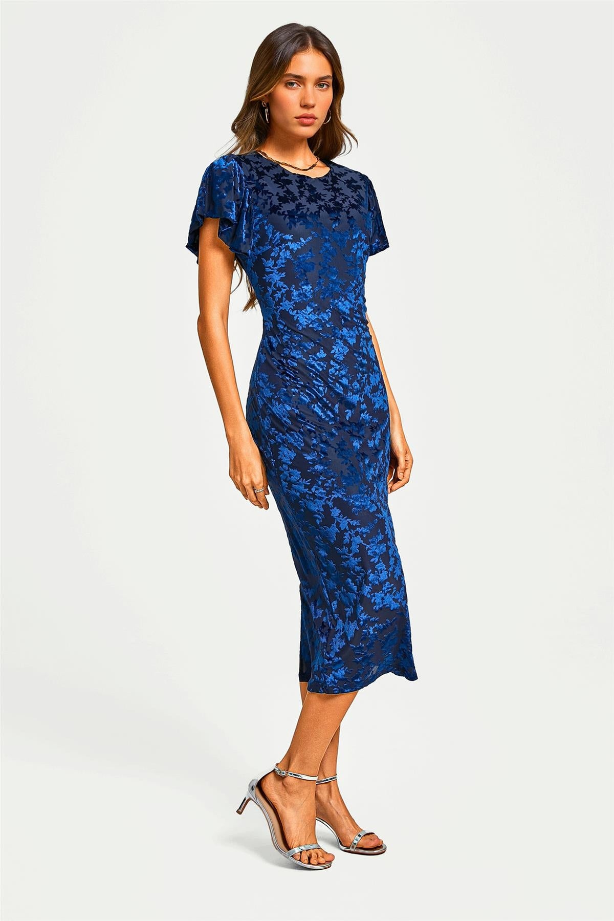 Floral Velvet Devore Puff Sleeve Bodycon Midi Dress In Navy