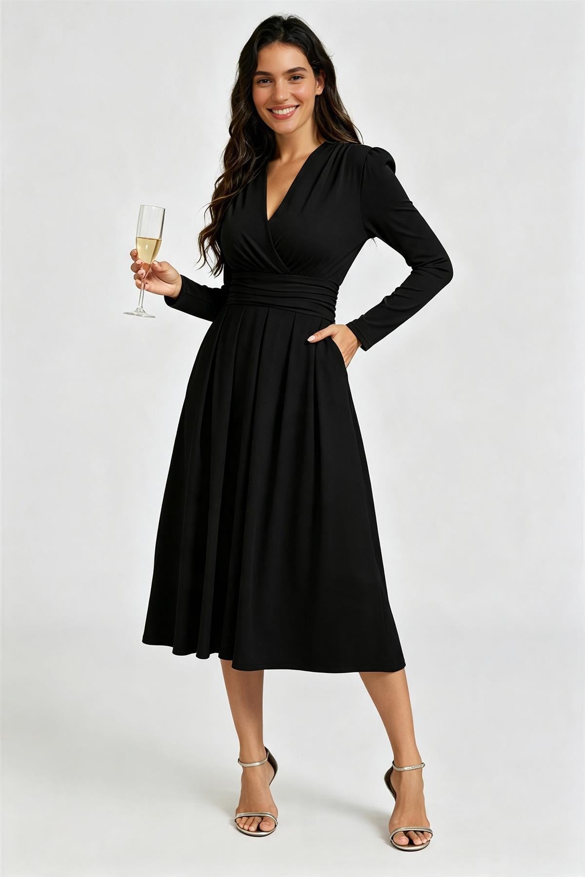 FS Collection Black Jersey Long Sleeve Midi Dress