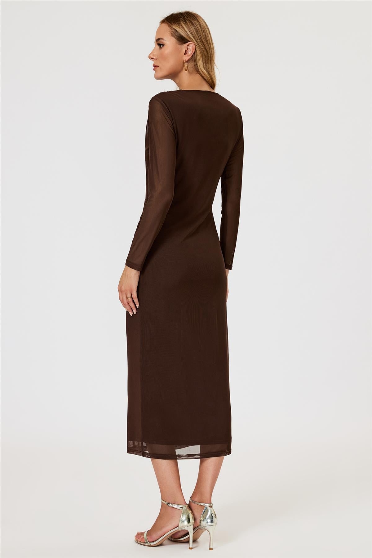 FS Collection Long Sleeved Mesh Brown Midi Dress