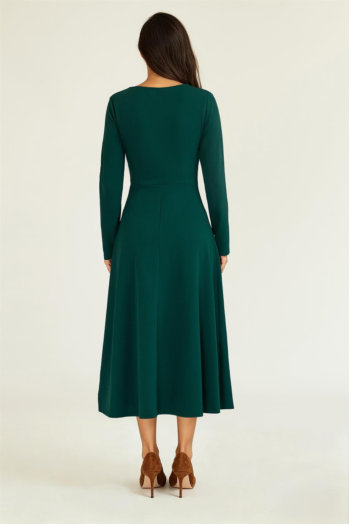 Square Neck Long Sleeve Fit & Flare Midi Dress In Green