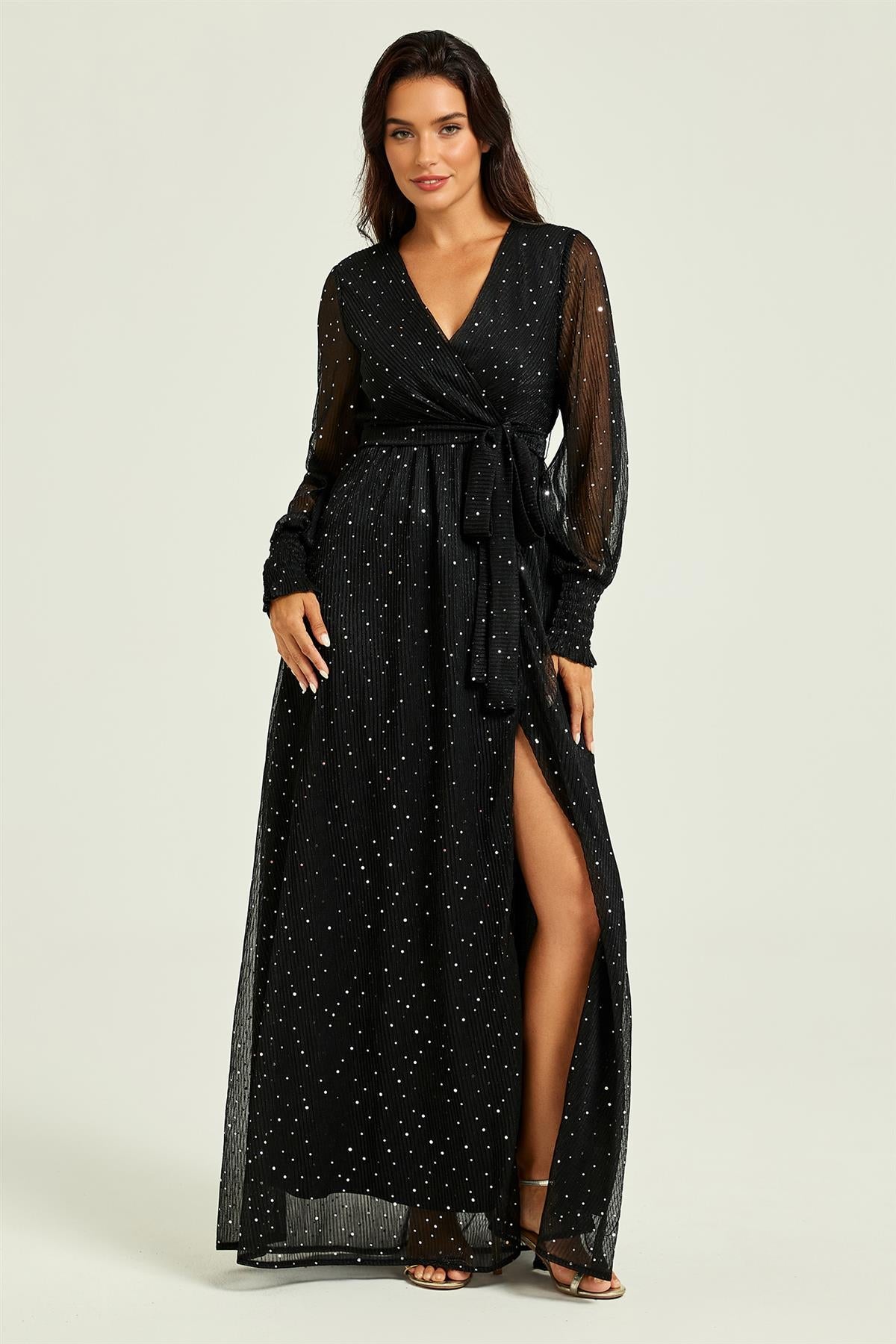 FS Collection Sparkle Gown Long Sleeve Bridesmaid Maxi Dress In Black