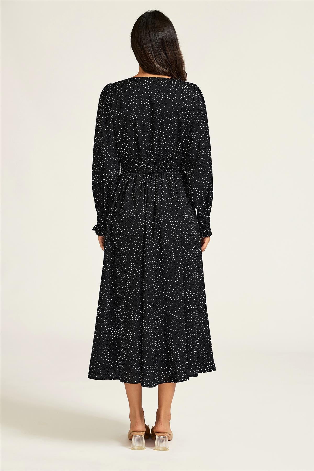 FS Collection Polka Dot Print Long Sleeve Midi Dress In Black