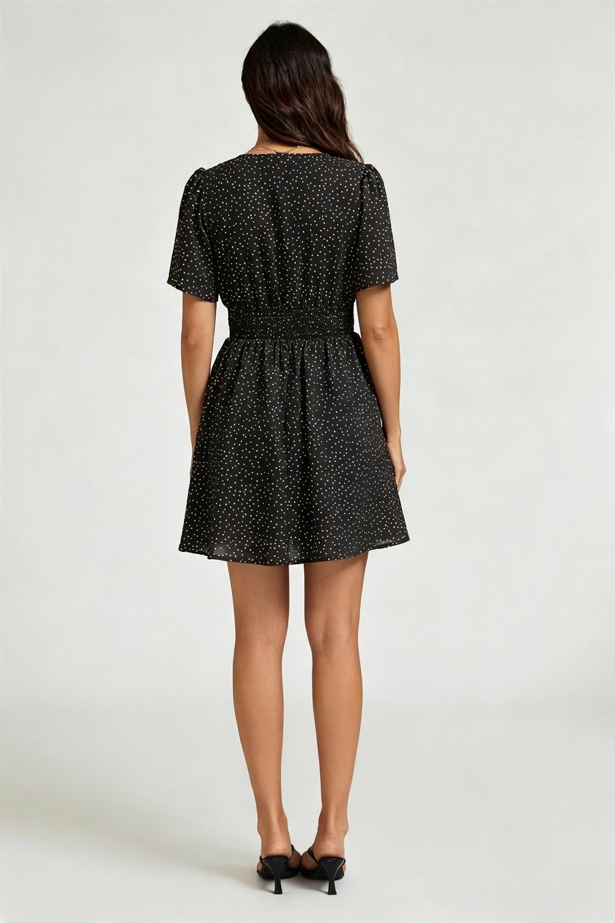 Dot Print Short Sleeve Mini Dress In Black