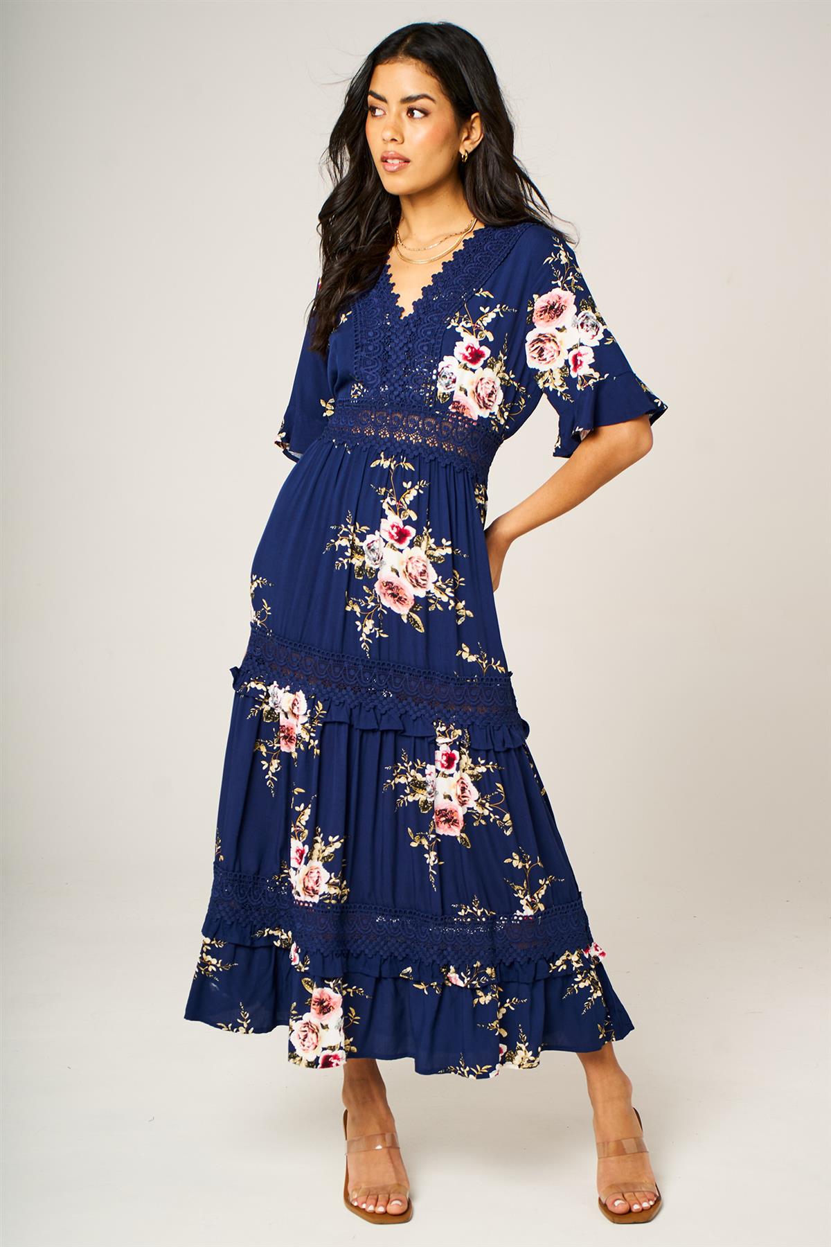 Floral Print V Neck Lace Detail Midi Dress In Navy
