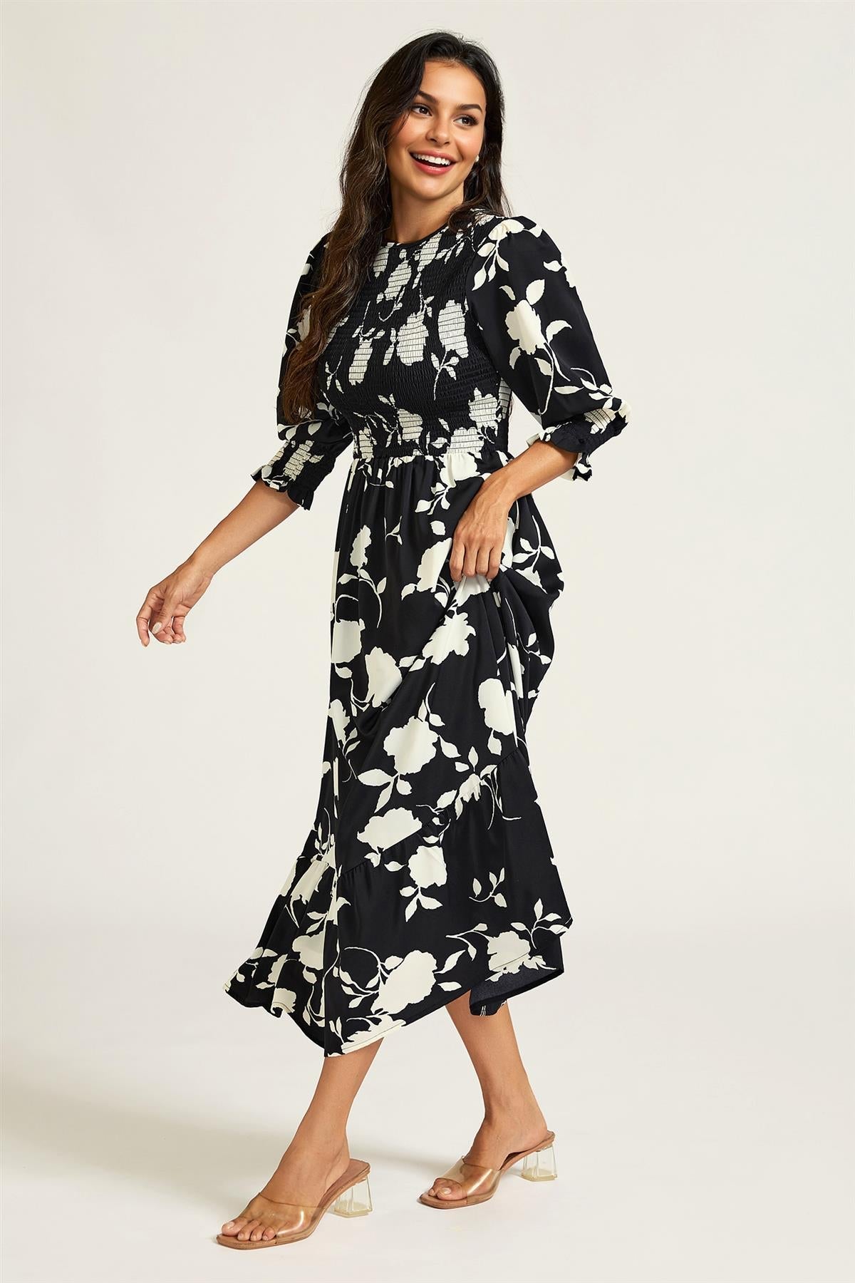 FS Collection Floral Print 3/4 length Sleeves Smocked Midi Dress In Black