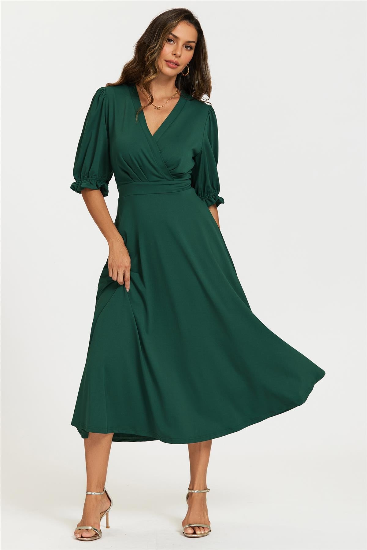 FS Collection Half Sleeve Jersey Green Midi Dress