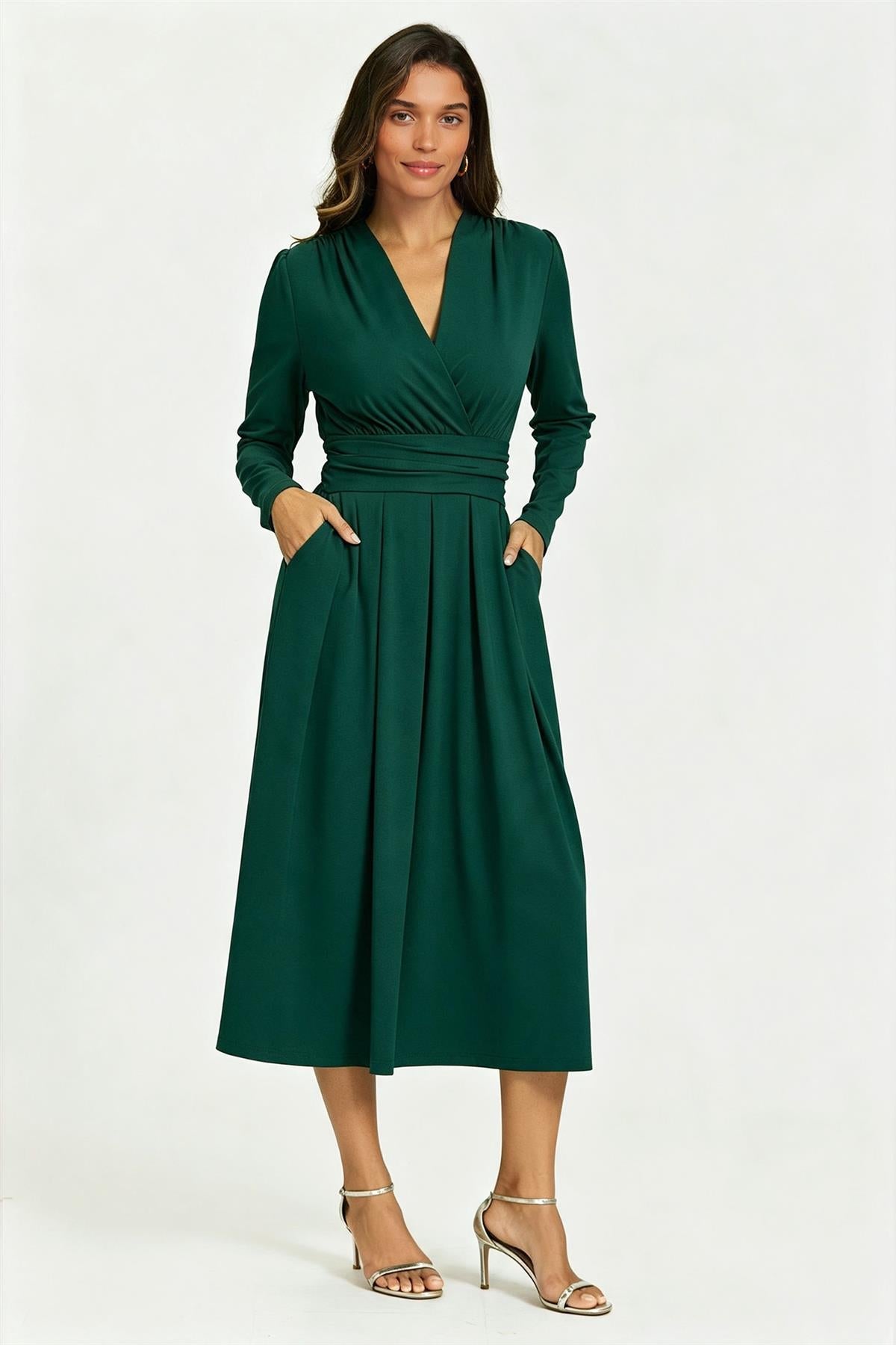 FS Collection Jersey Forest Green Long Sleeve Midi Dress