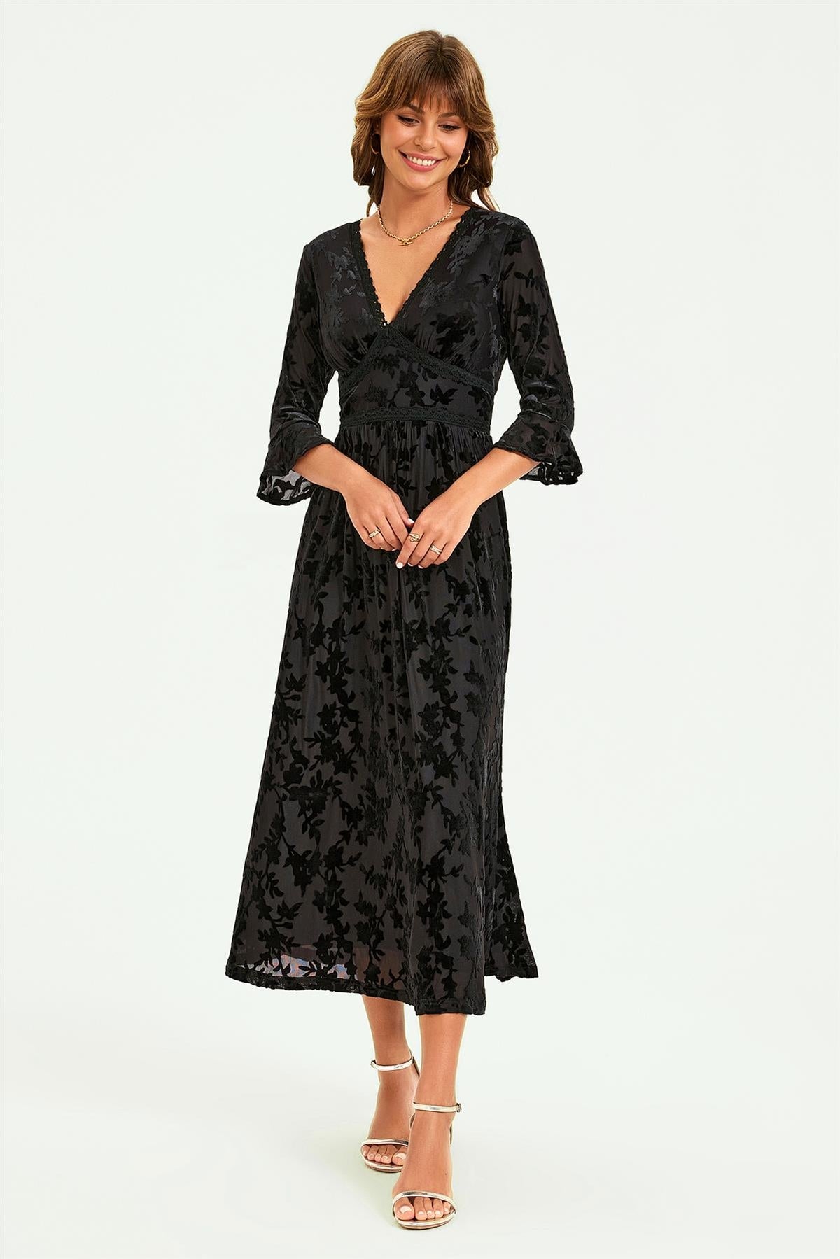 Floral Velvet Devore Lace Trim Neckline Midi Dress In Black