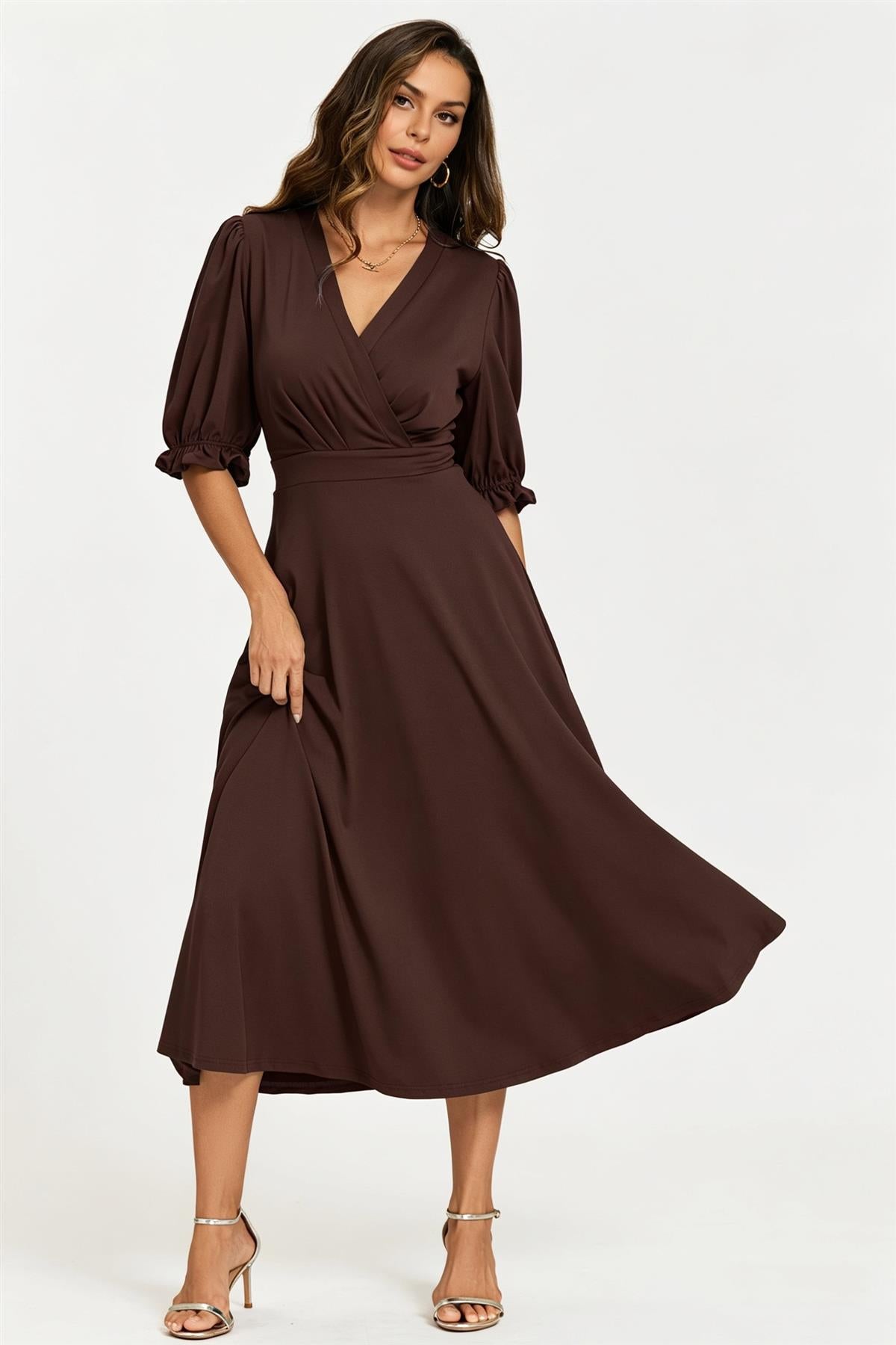 FS Collection Half Sleeves Jersey Midi Dress with Wrap Neckline In Chocolate