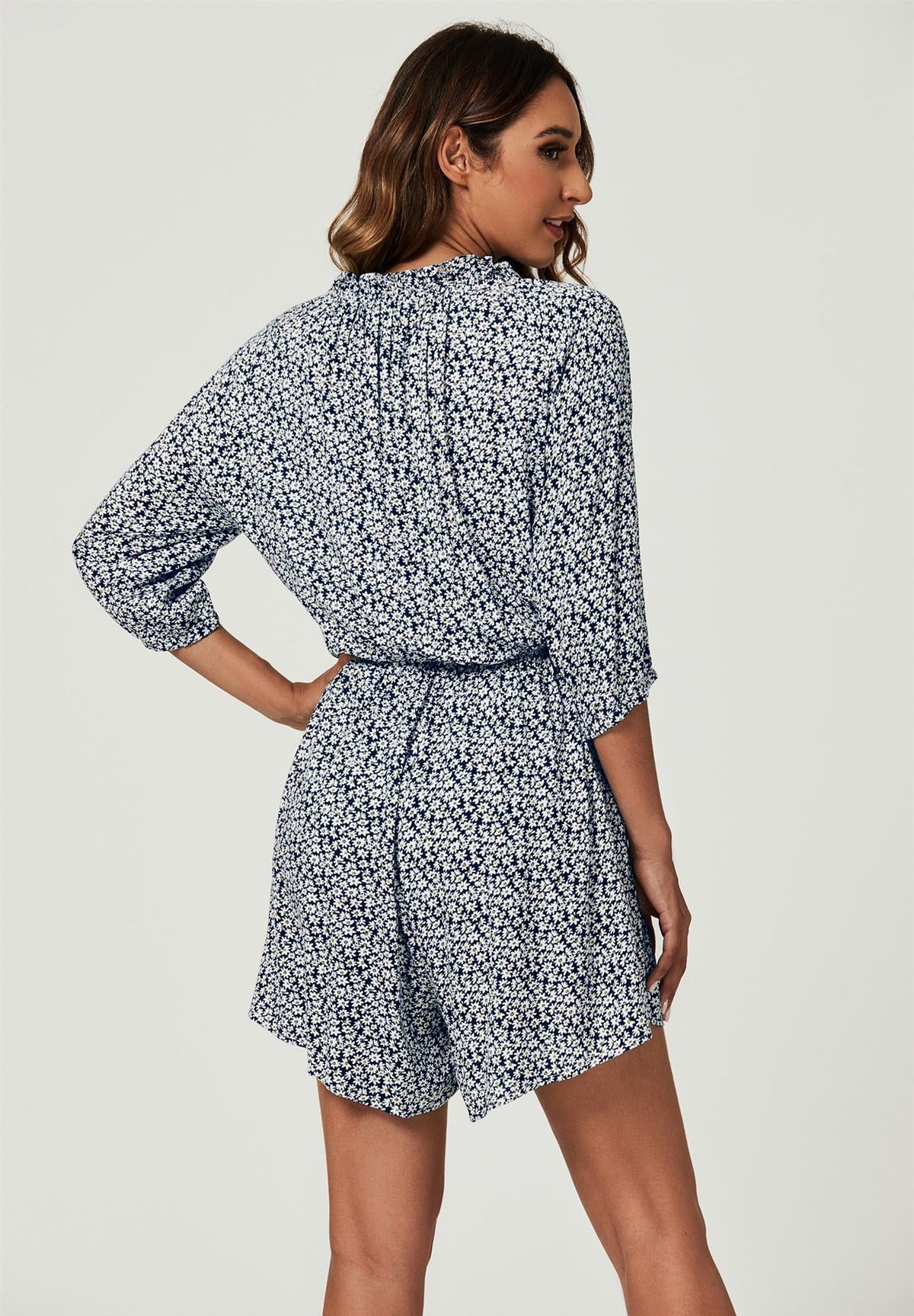 FS Collection Daisy Floral Print Boho Playsuit With Buttons In Navy