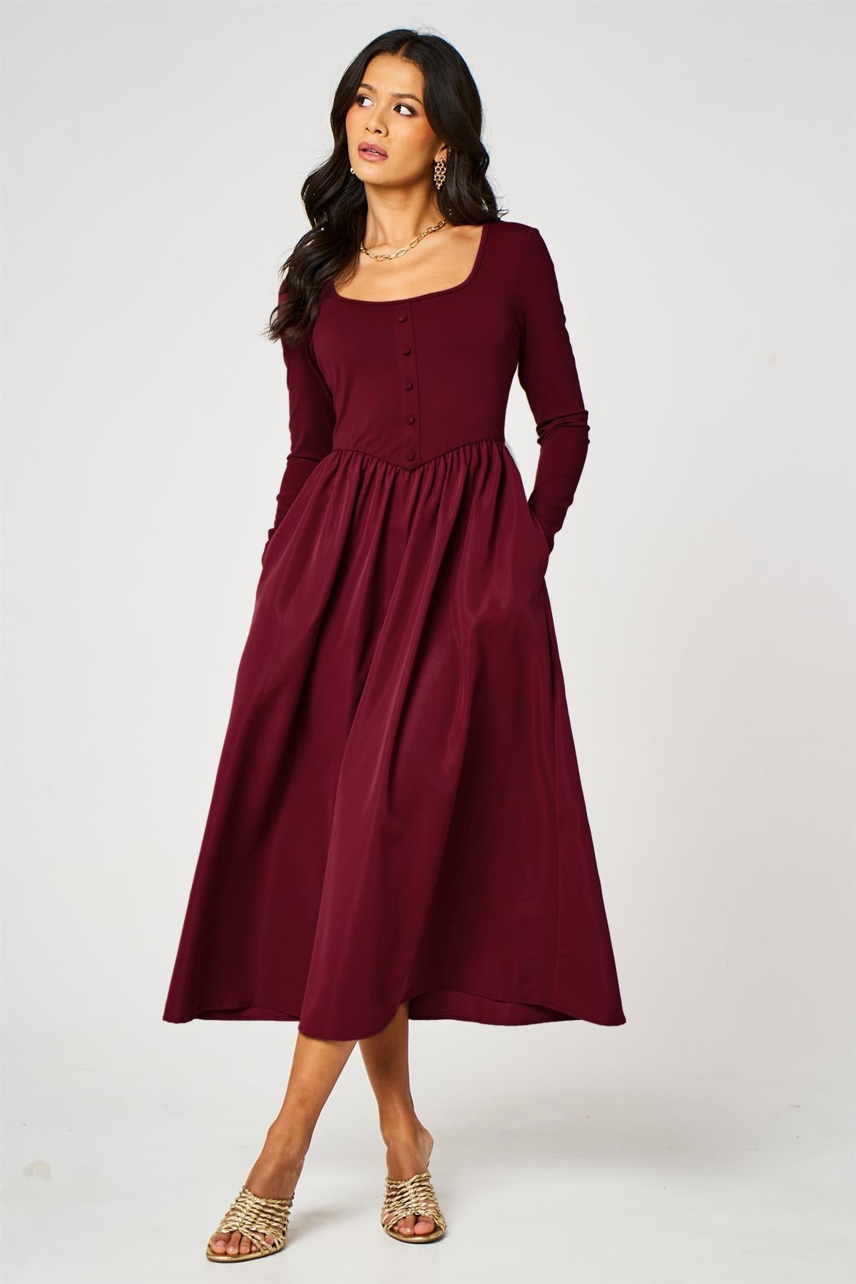 FS Collection Long Sleeve Button Detail Midi Dress In Wine