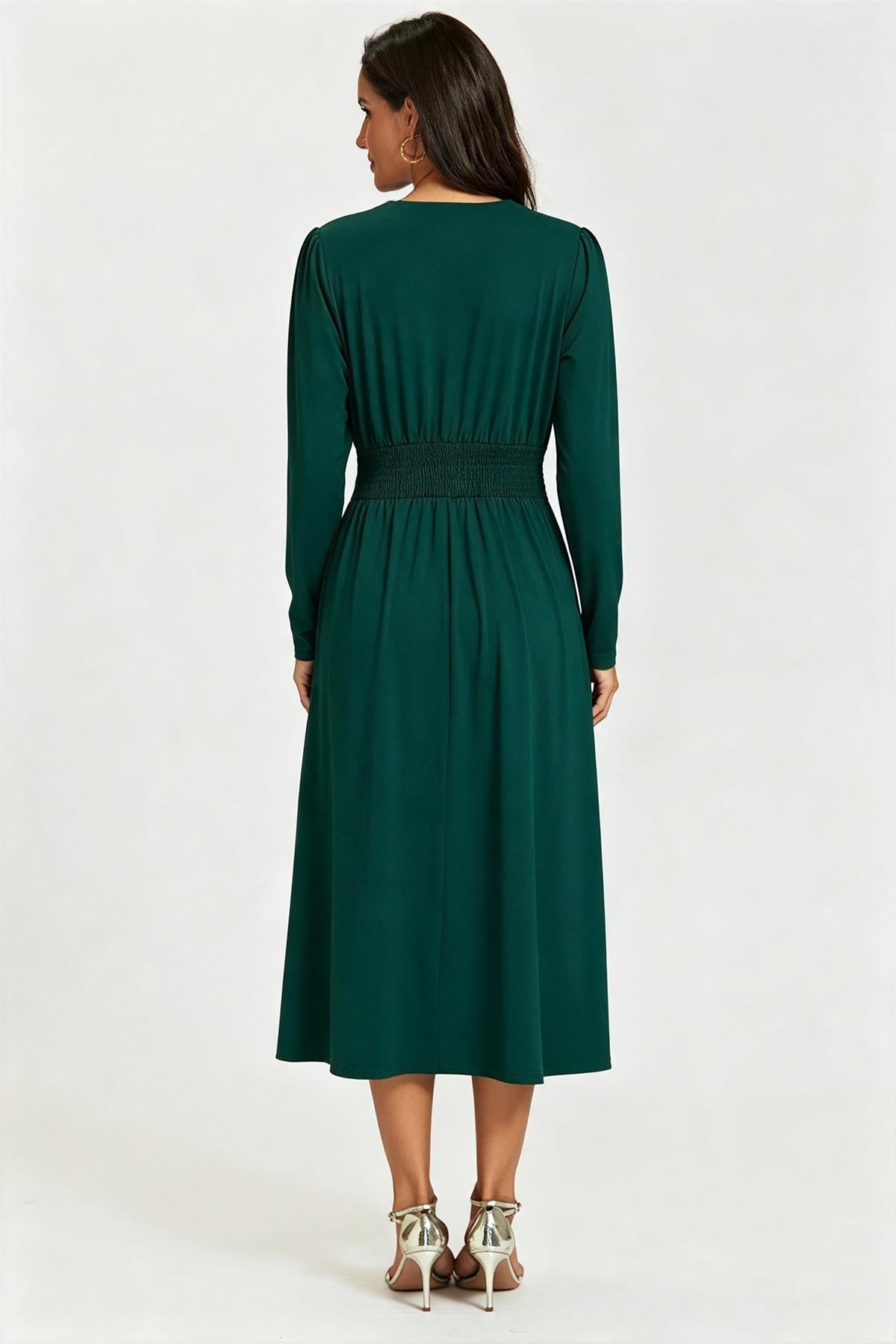 FS Collection Jersey Forest Green Long Sleeve Midi Dress