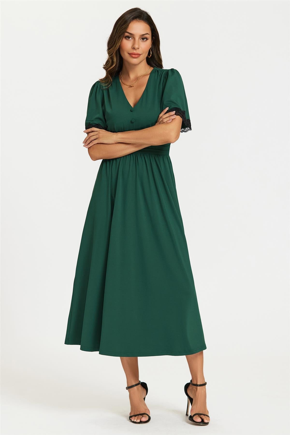 FS Collection Lace Trim Green Jersey Midi Dress