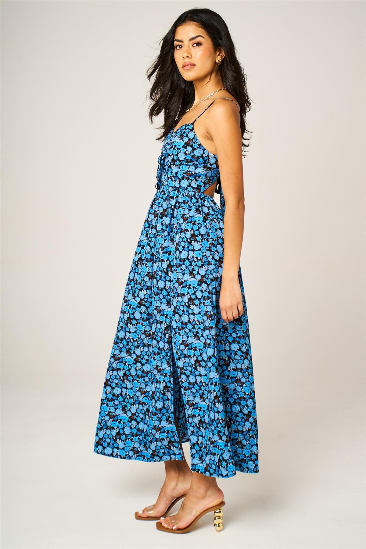 FS Collection Floral Print Knot Front Maxi Dress In Blue