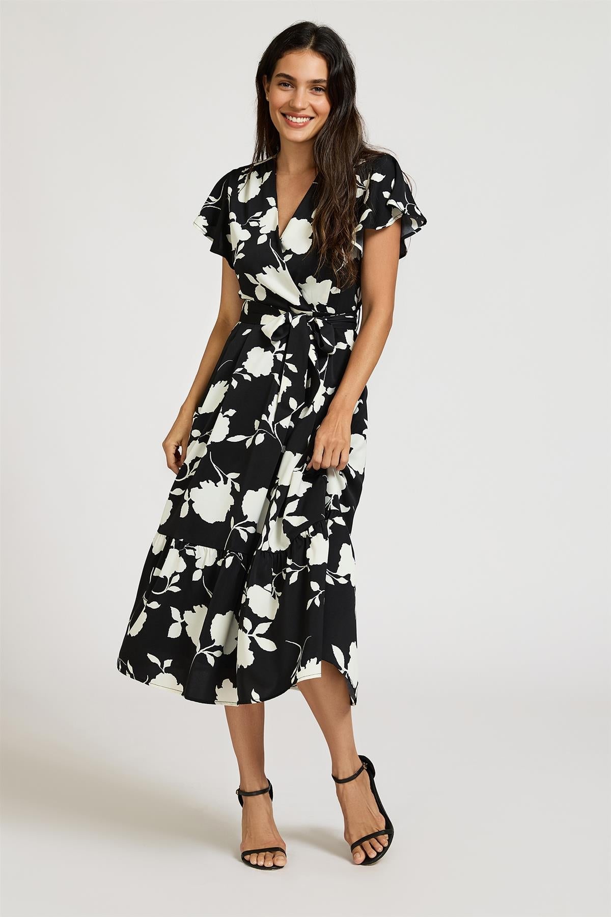FS Collection White Floral Print Wrap Top Belted Midi Dress In Black