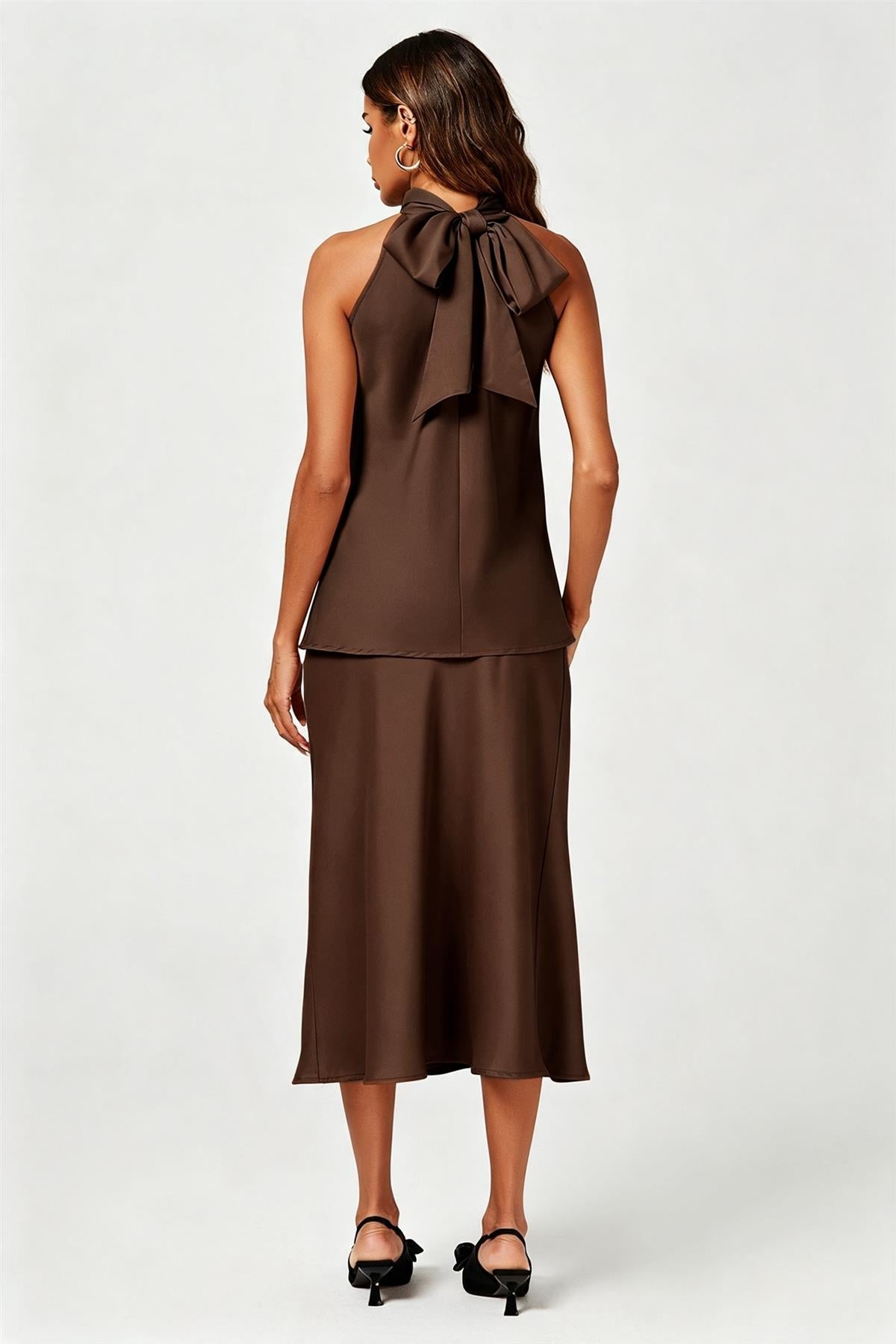FS Collection Satin Halter Neck Tie Back Top In Brown