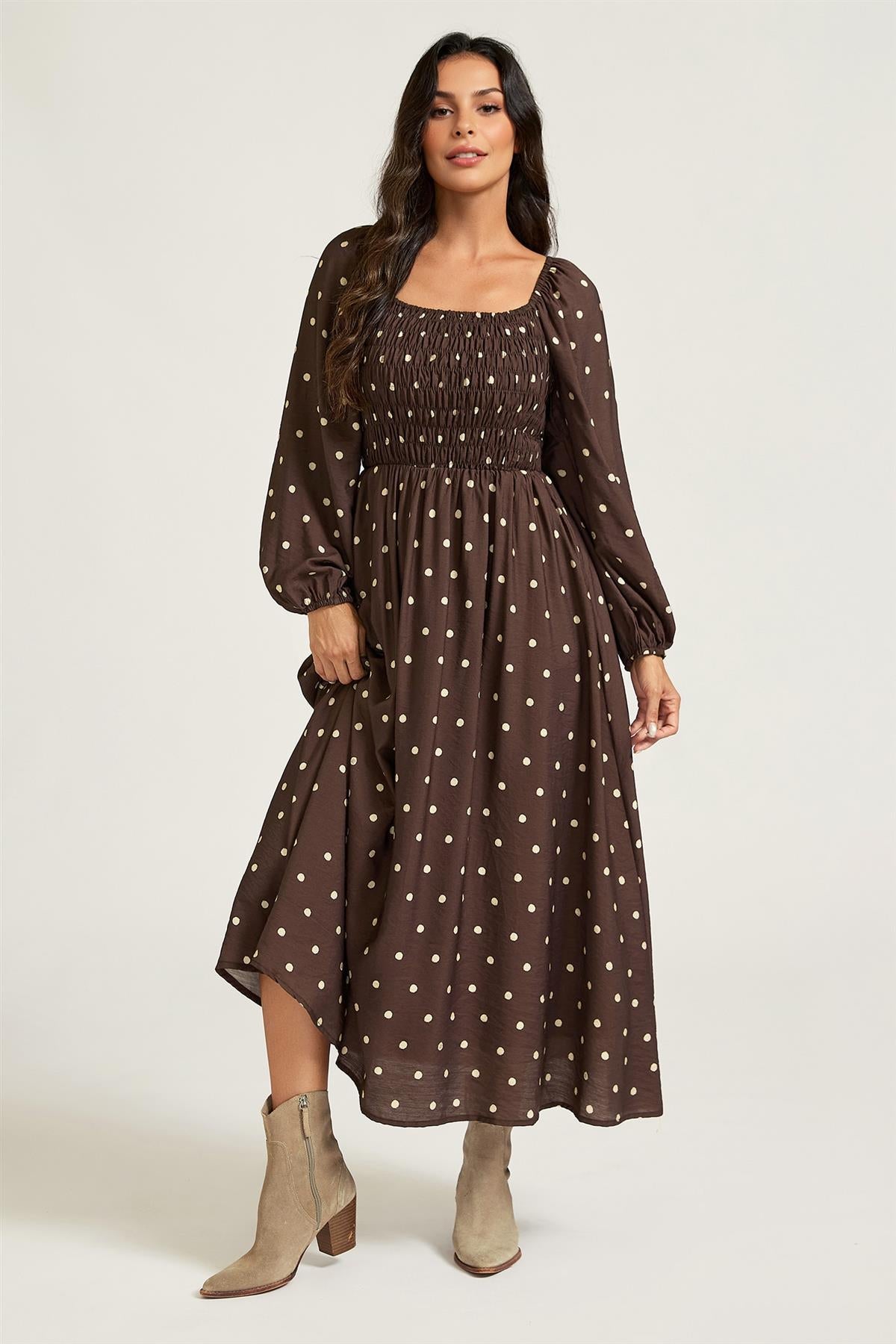 FS Collection Brown Dot Print Square Neck Midi Dress