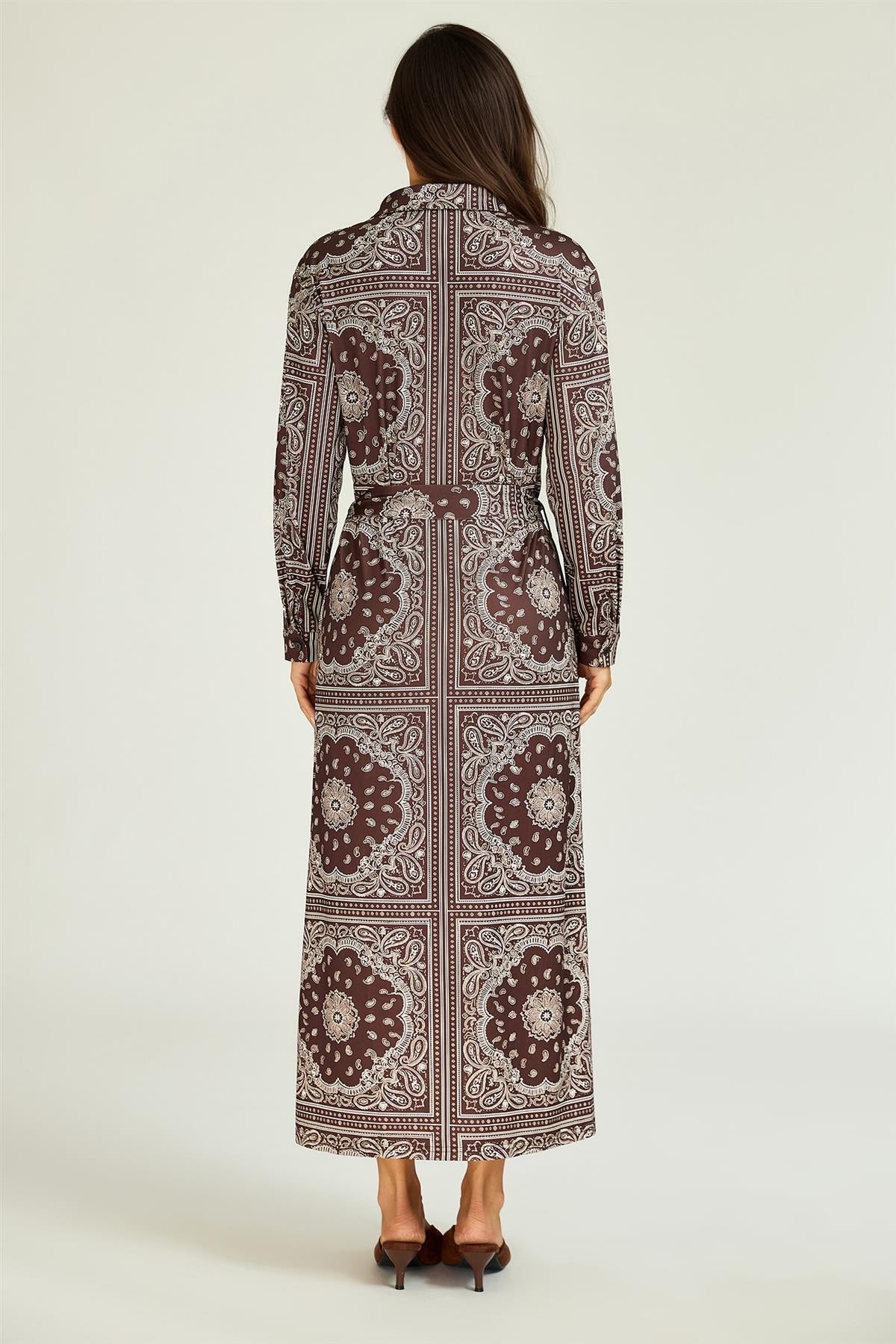FS Collection Paisley Print Belted Jersey Midi Shirt Dress In Brown