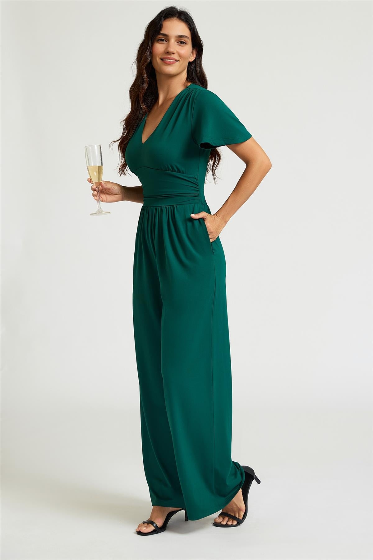 FS Collection V-Neck Ruched Waist Jumpsuit In Green