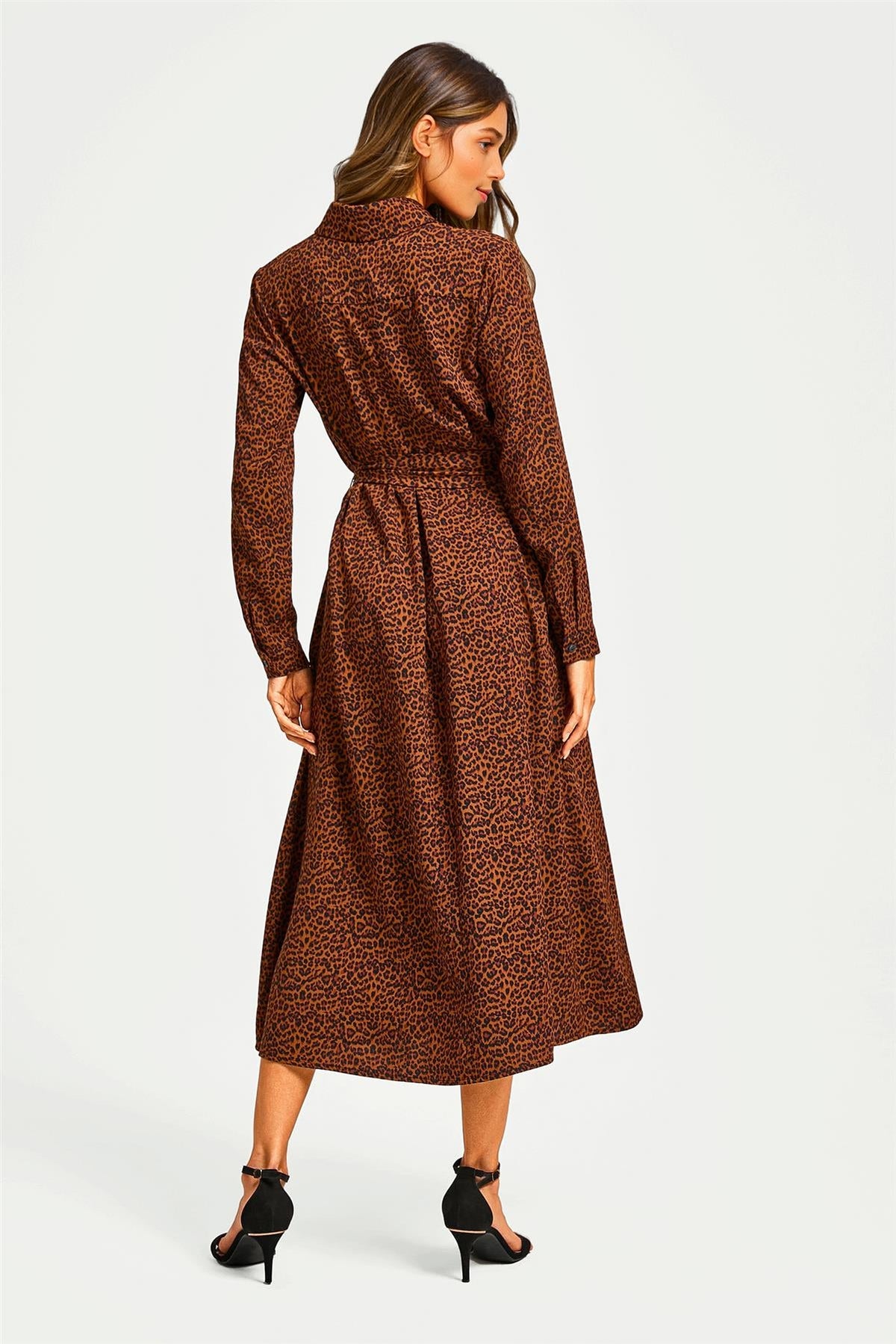 Brown Leopard Print Shirt Midi Dress With Tie Waist + Gold Stretch Leaf Belt