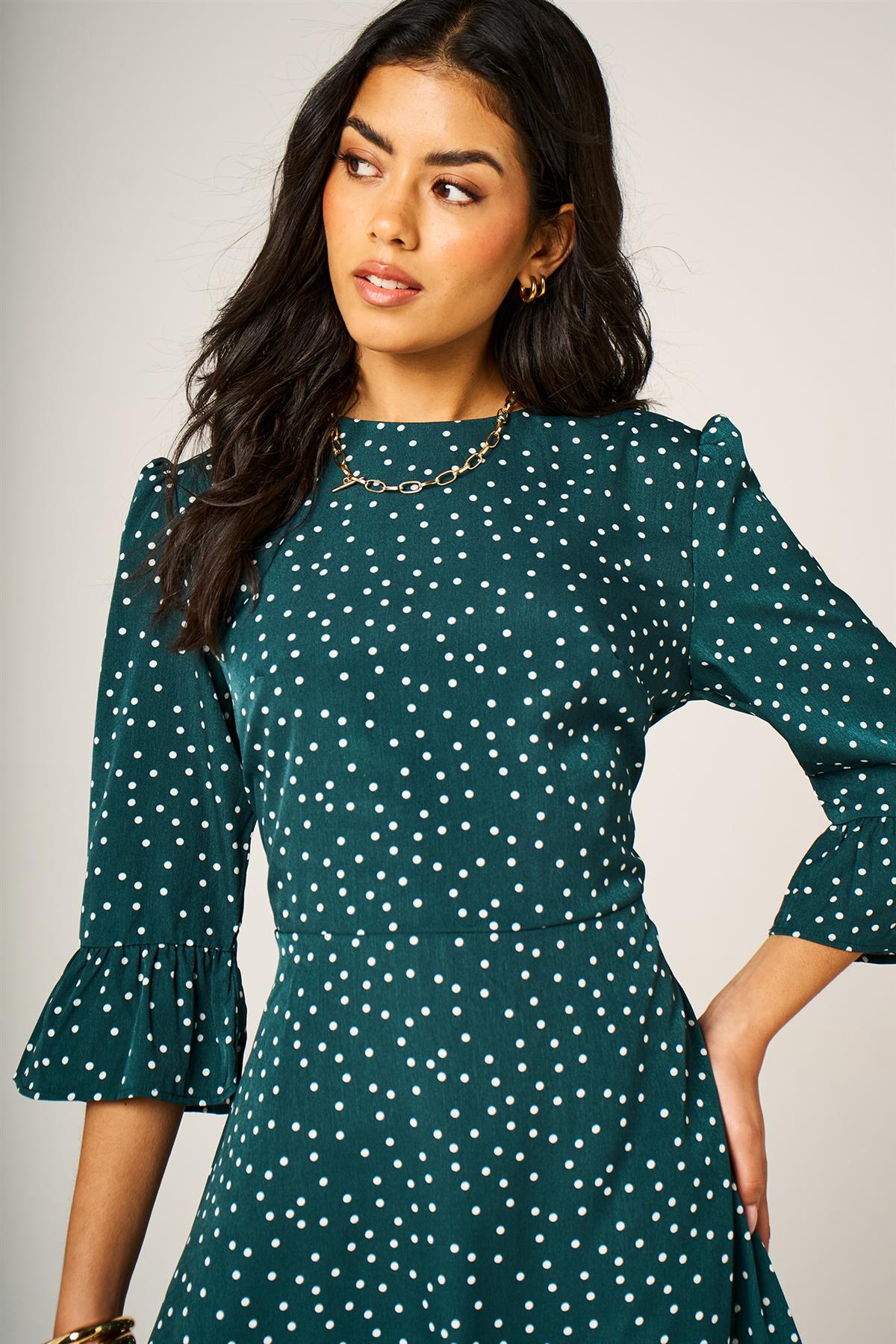 Little Dot Print Frill Detail Mini Dress In Green