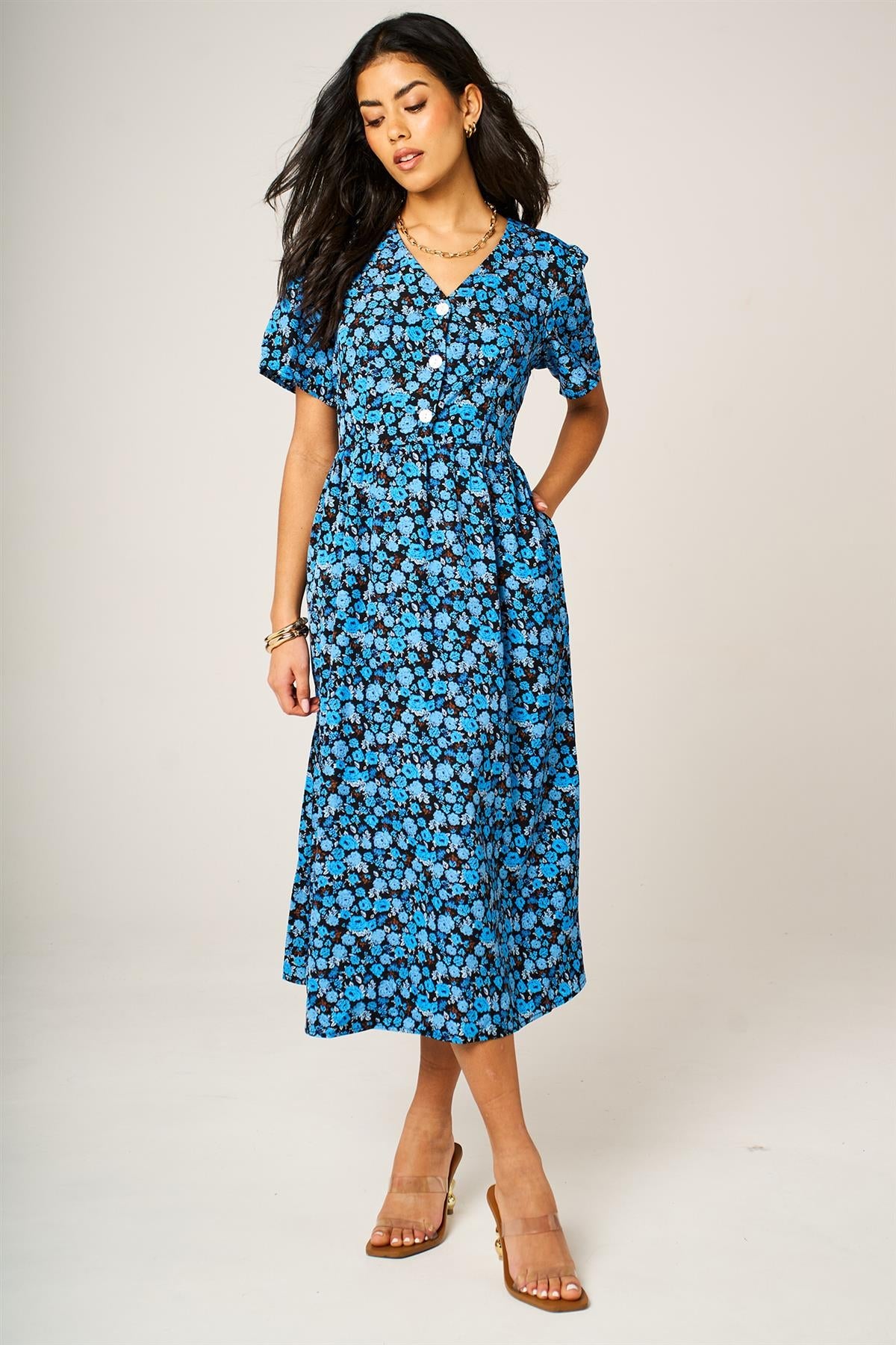 Floral Print Button Front Midi Dress In Royal Blue
