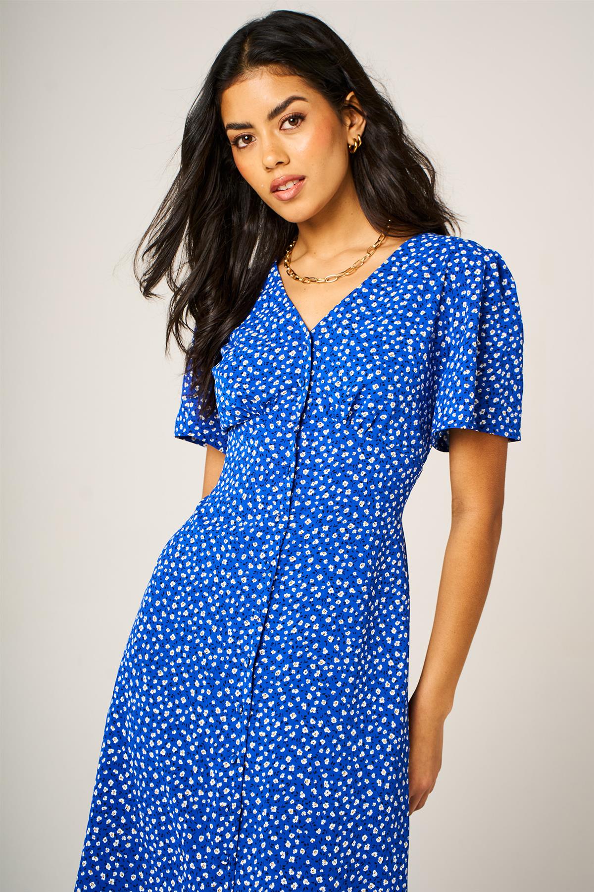 Little Floral Print Button Front Midi Dress In Blue