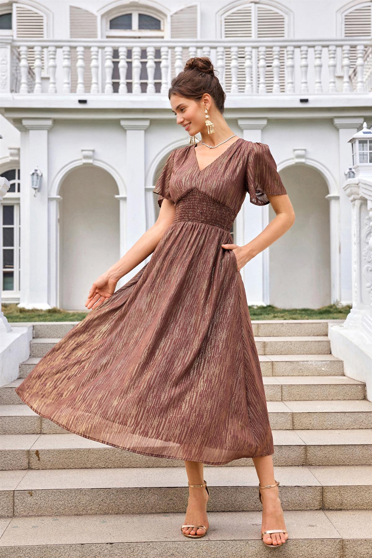 FS Collection Angel Sleeve Gold Stripe Foil Midi Dress In Brown