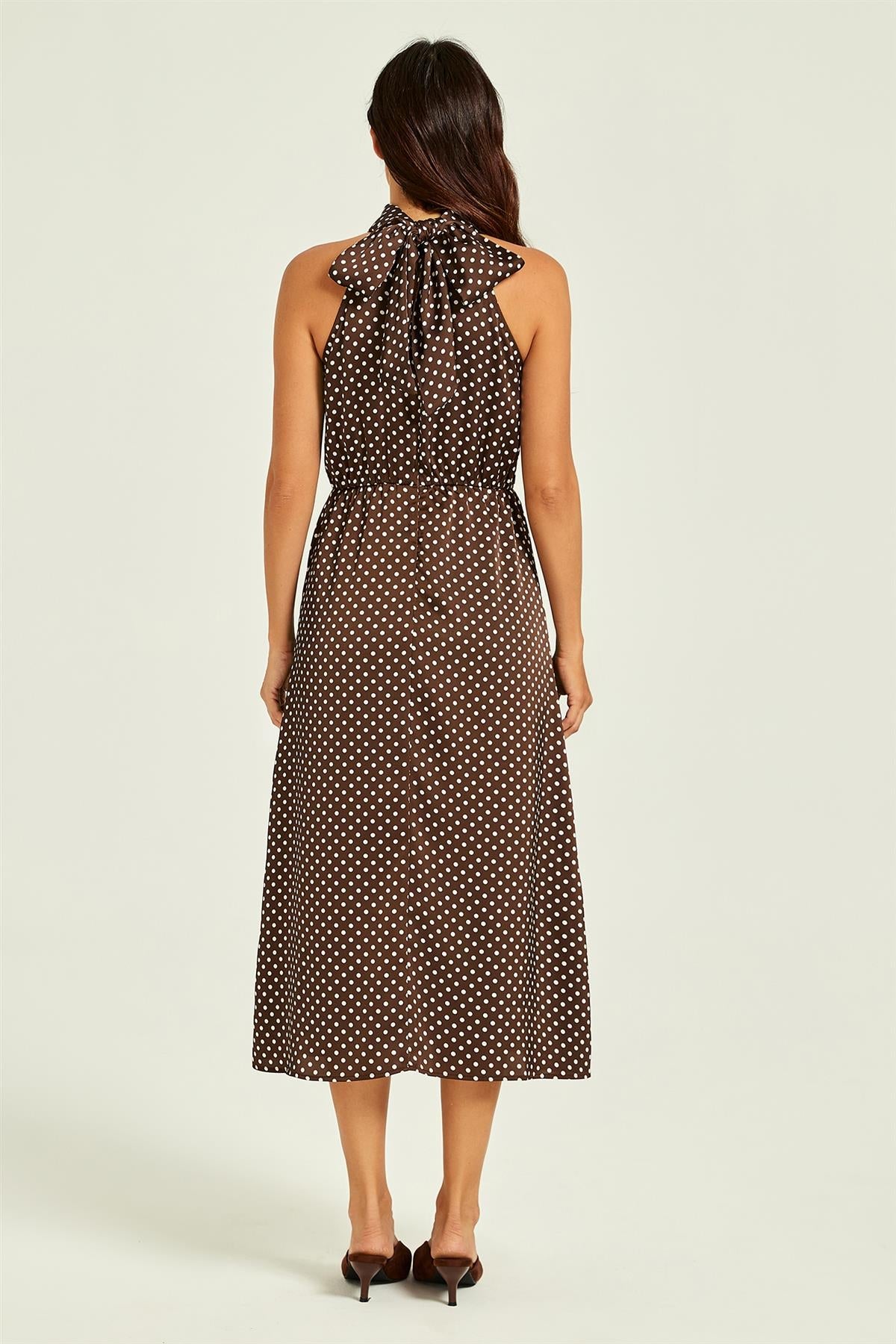 FS Collection Polka Dot Halterneck Tie Back Midi Dress In Brown