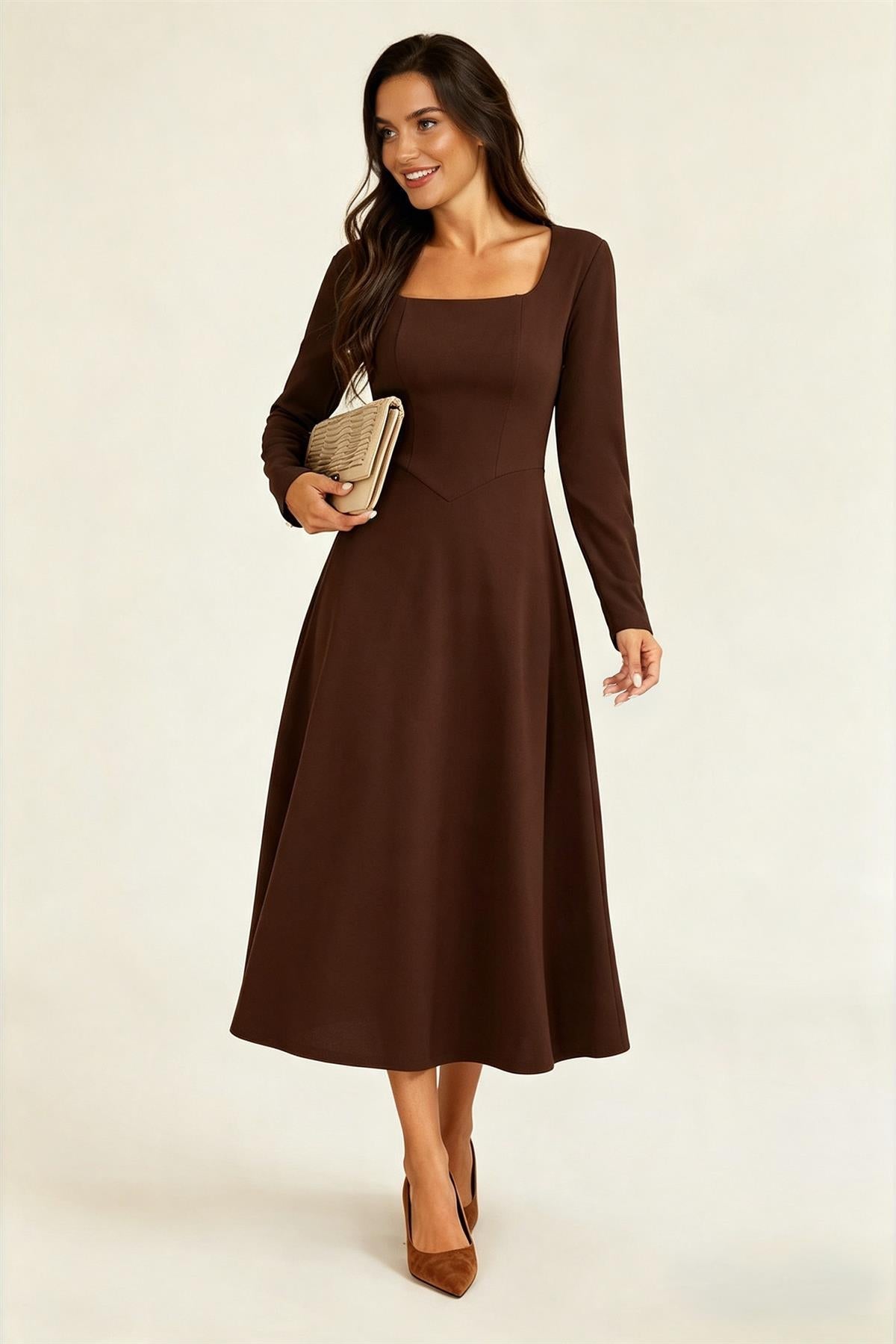 FS Collection Square Neck Long Sleeve Fit & Flare Midi Dress Espresso