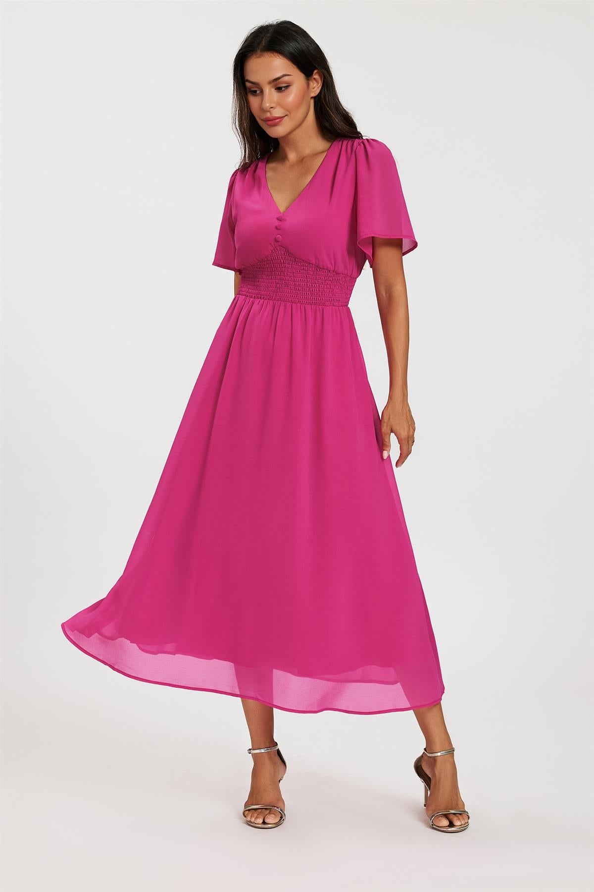 FS Collection Fuchsia V Neckline Shirred Waist Midi Dress