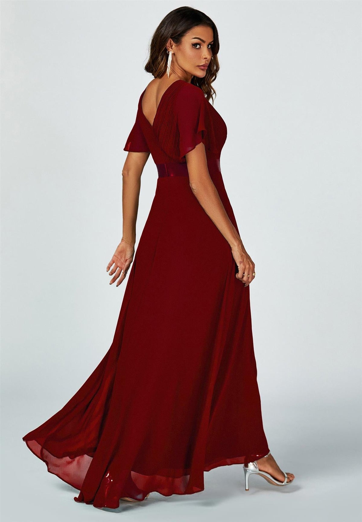 Angel Sleeves Empire Waist Bridesmaid Dress In Wine