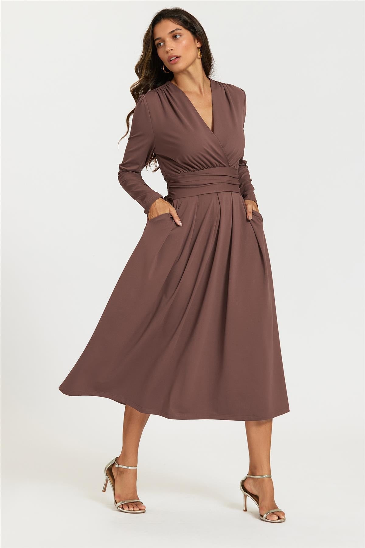 FS Collection Jersey Long Sleeve Brown Midi Dress