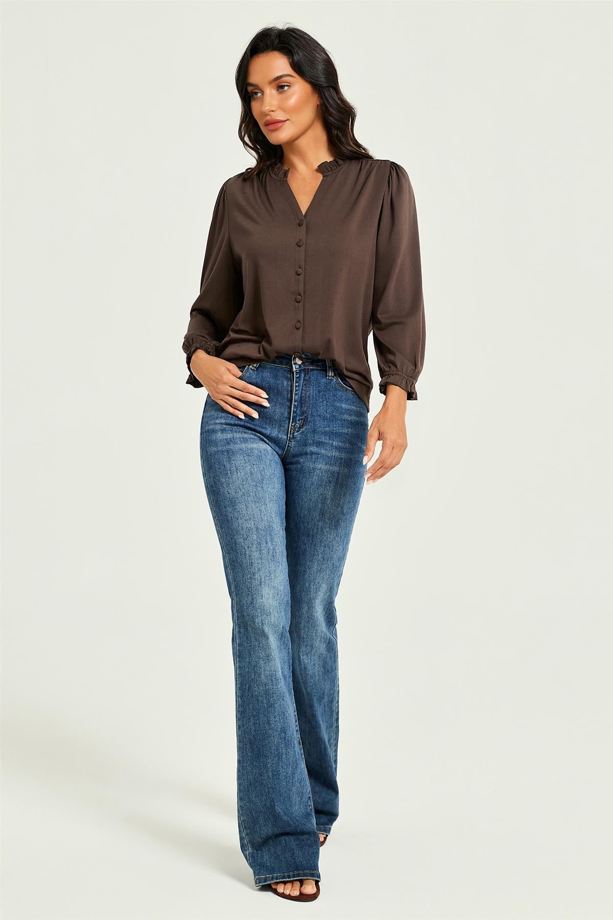 Frill Neck Long Sleeve Jersey Blouse Brown
