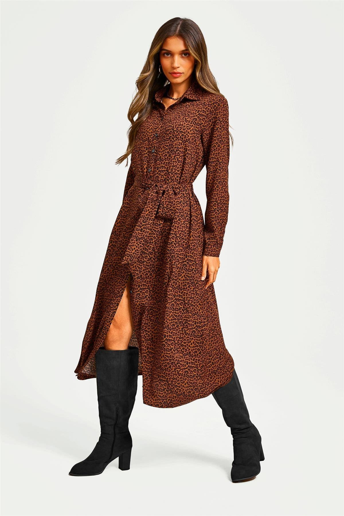 Brown Leopard Print Shirt Midi Dress With Tie Waist + Gold Stretch Leaf Belt