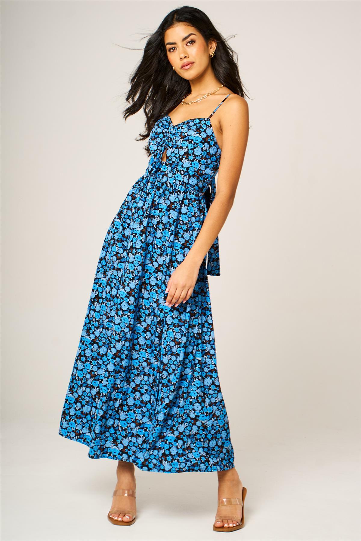 FS Collection Floral Print Knot Front Maxi Dress In Blue