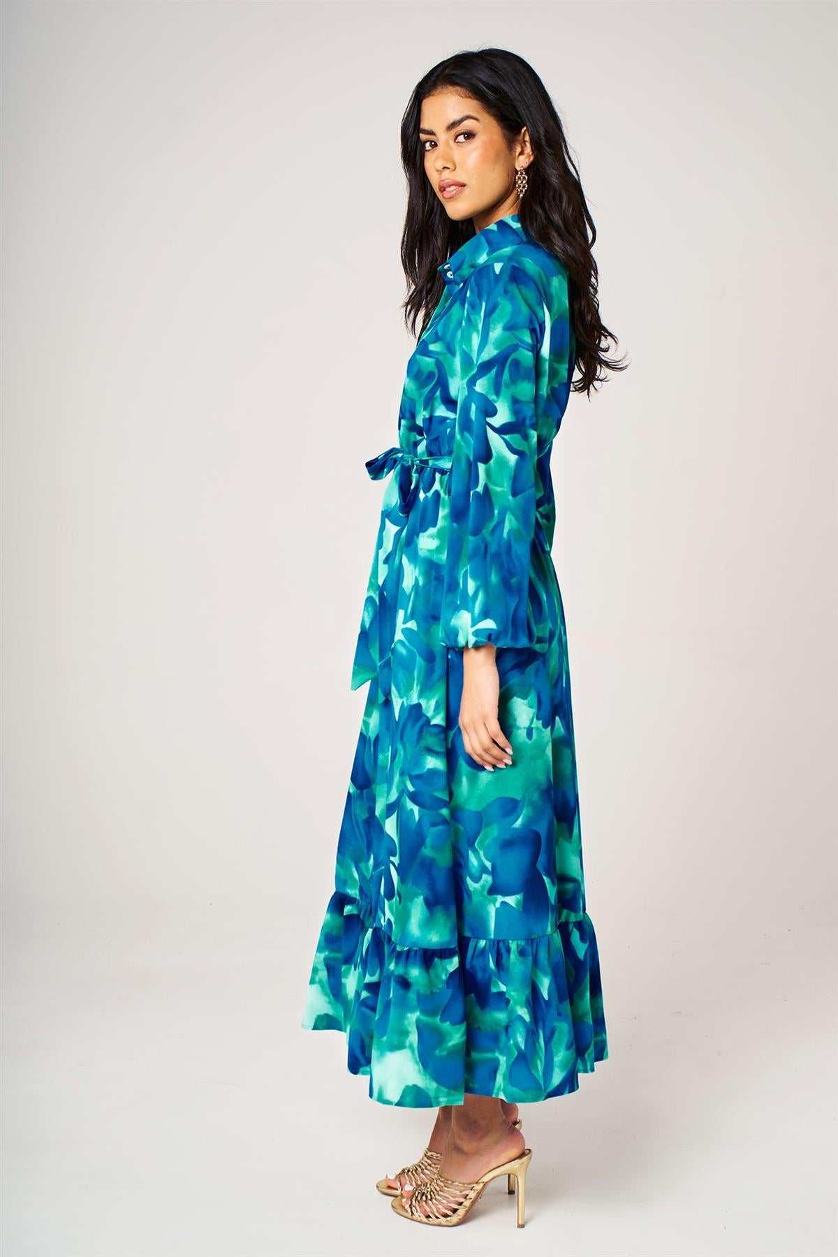 FS Collection Abstract Floral Print Hem Detail Shirt Midi Dress With Tie Waist In Blue