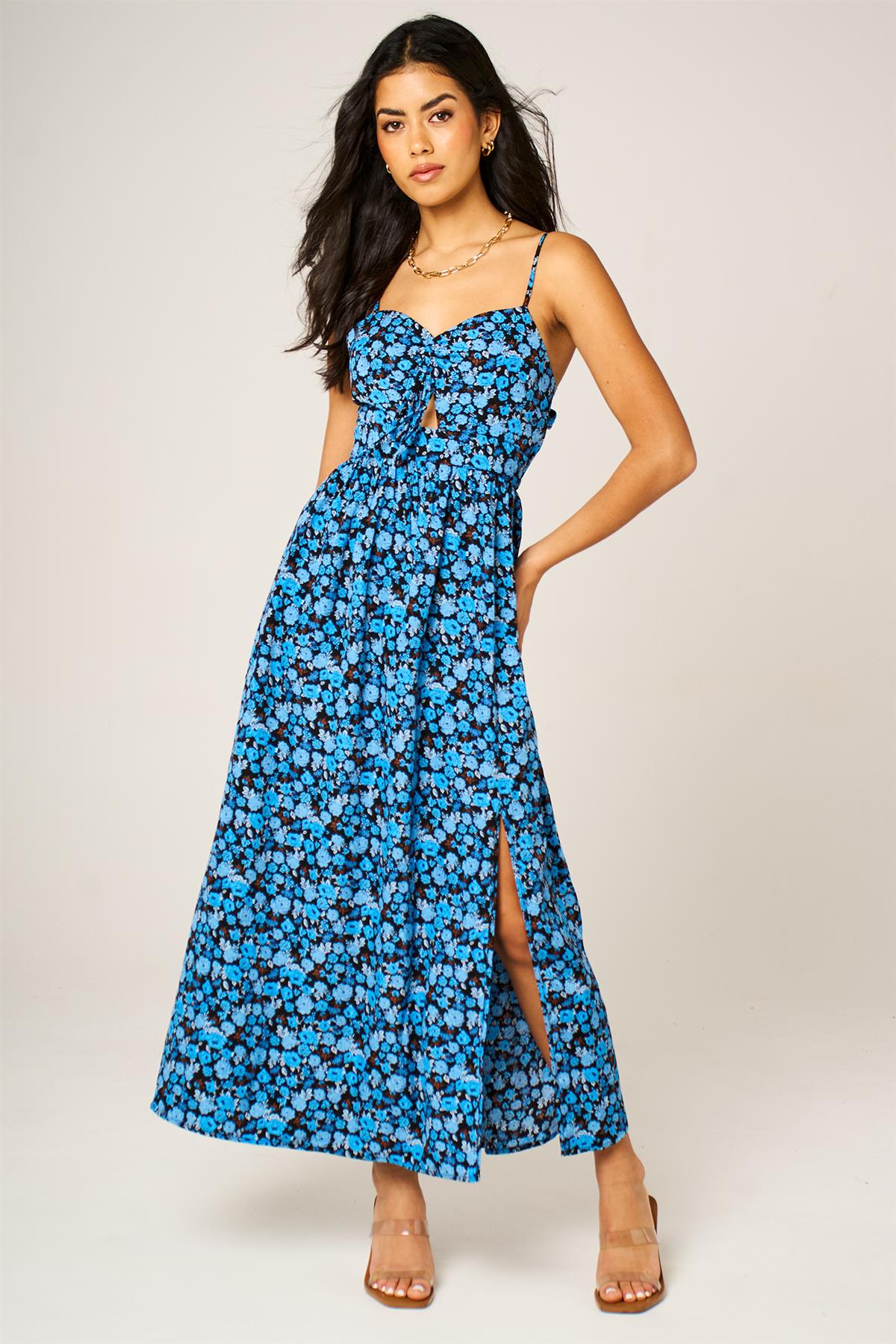 FS Collection Floral Print Knot Front Maxi Dress In Blue