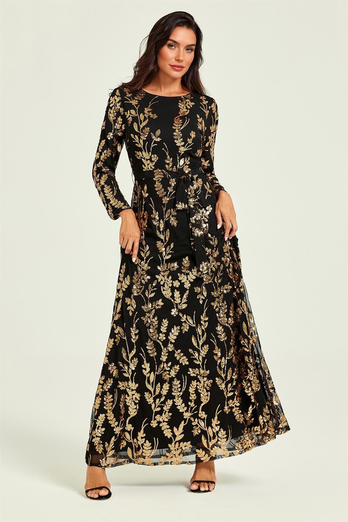 FS Collection Gold Sequin Leaf Long Sleeve Bridesmaid Maxi Dress In Black