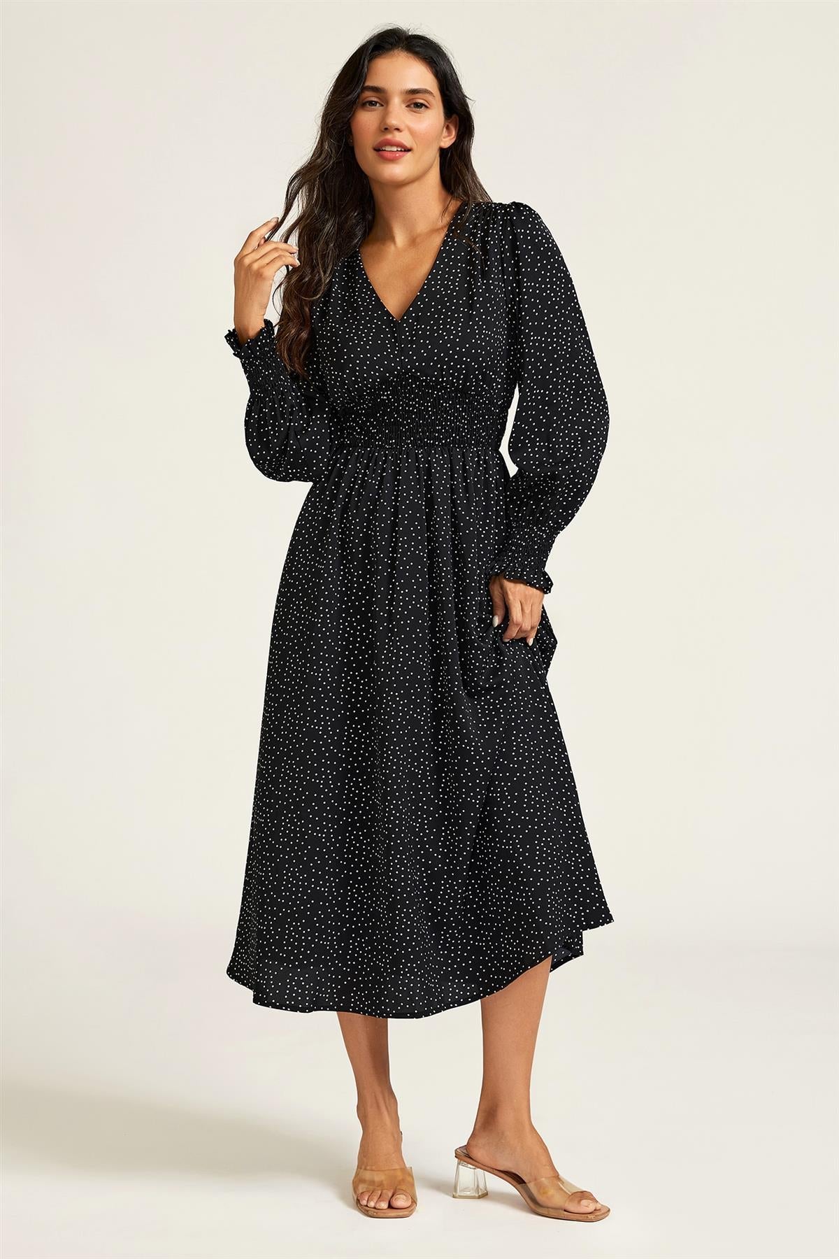 FS Collection Polka Dot Print Long Sleeve Midi Dress In Black