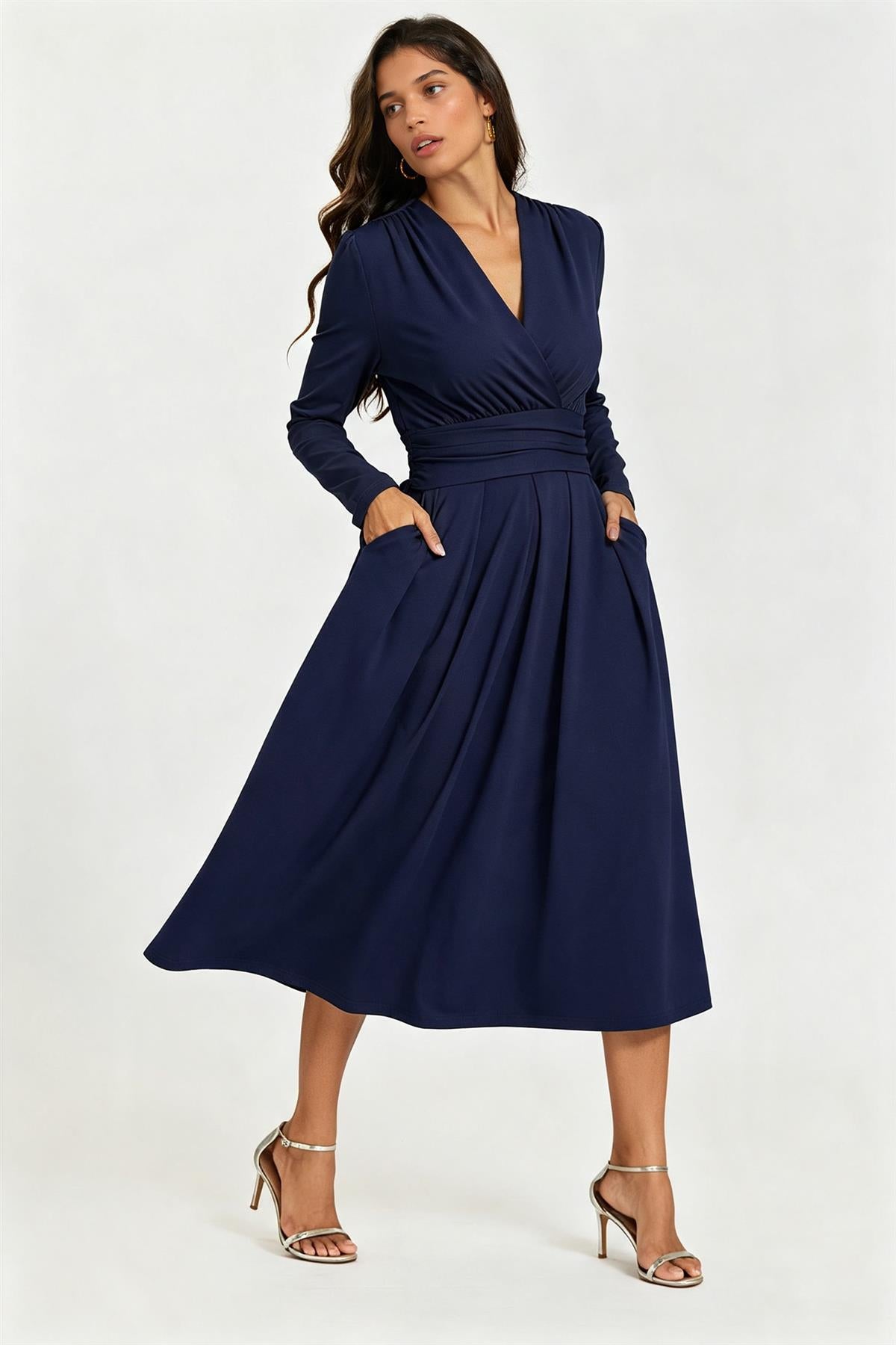 FS Collection Jersey Navy Blue Long Sleeve Midi Dress