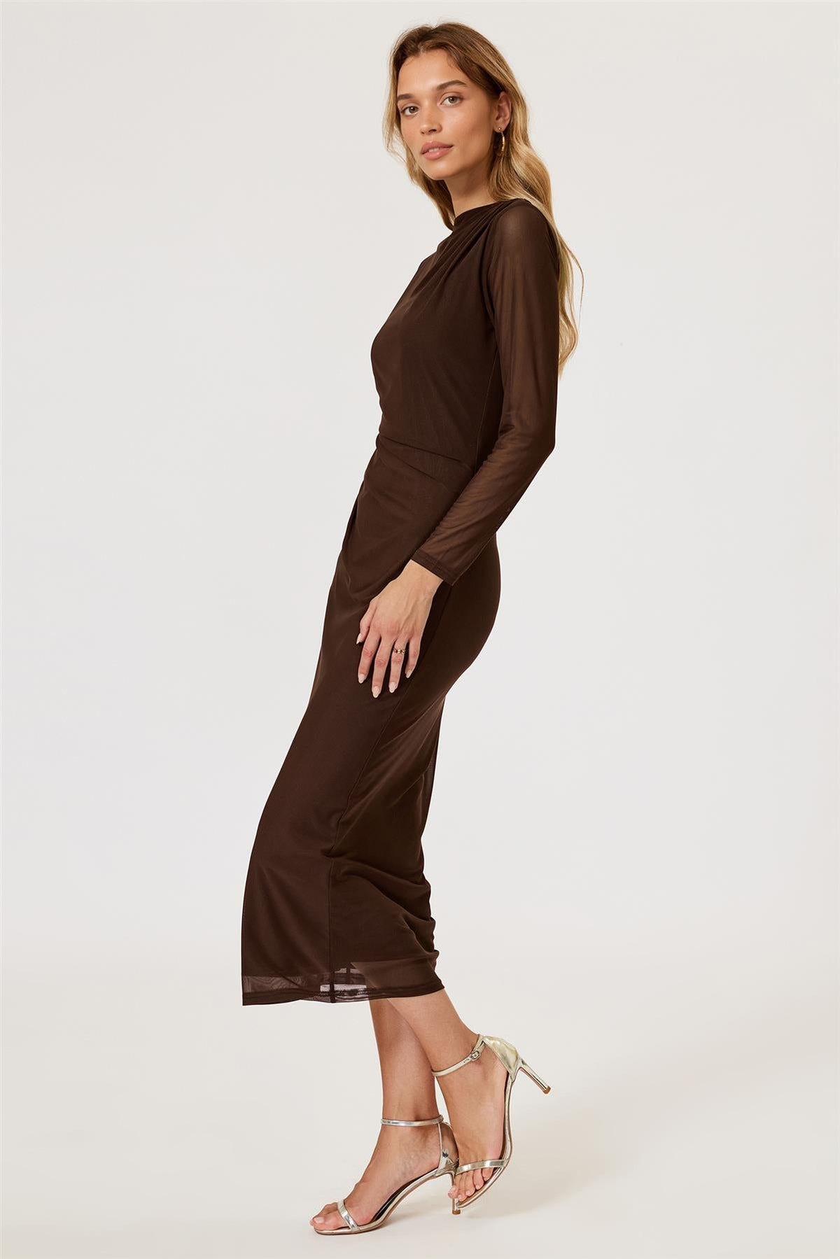 FS Collection Long Sleeved Mesh Brown Midi Dress